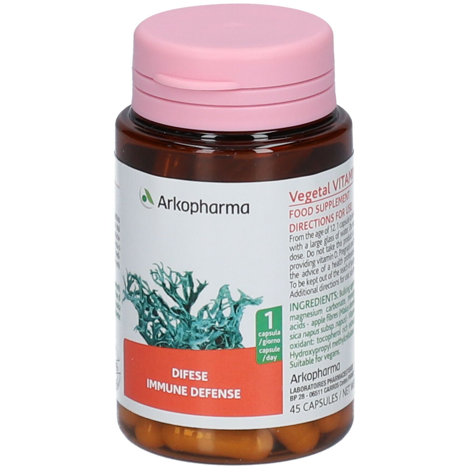 Flacone marrone con coperchio rosa. Contiene capsule. Scritta: Difese Immune Defense. 45 capsule. 13g.