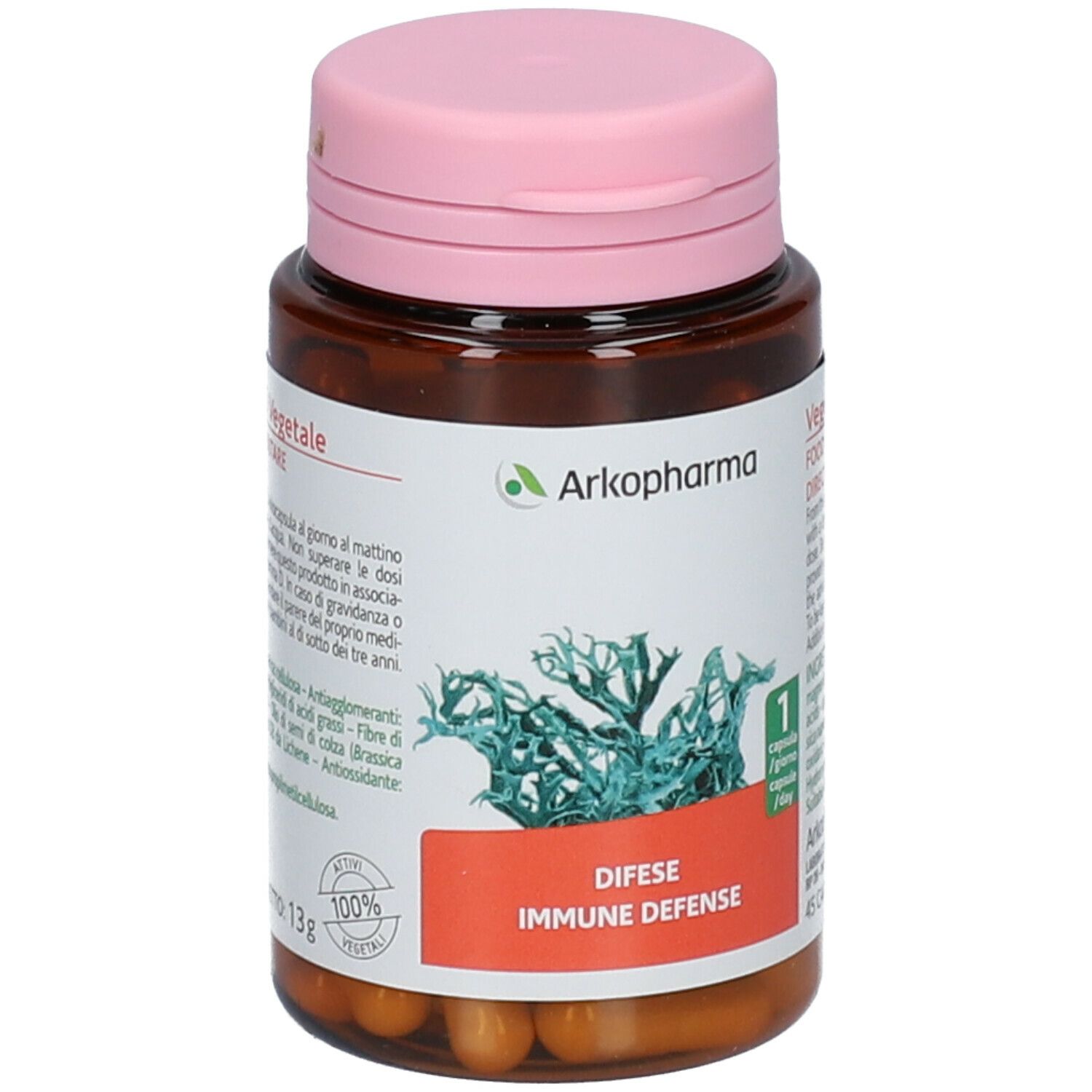 Flacone marrone con coperchio rosa. Contiene capsule. Scritta: Difese Immune Defense. 45 capsule. 13g.