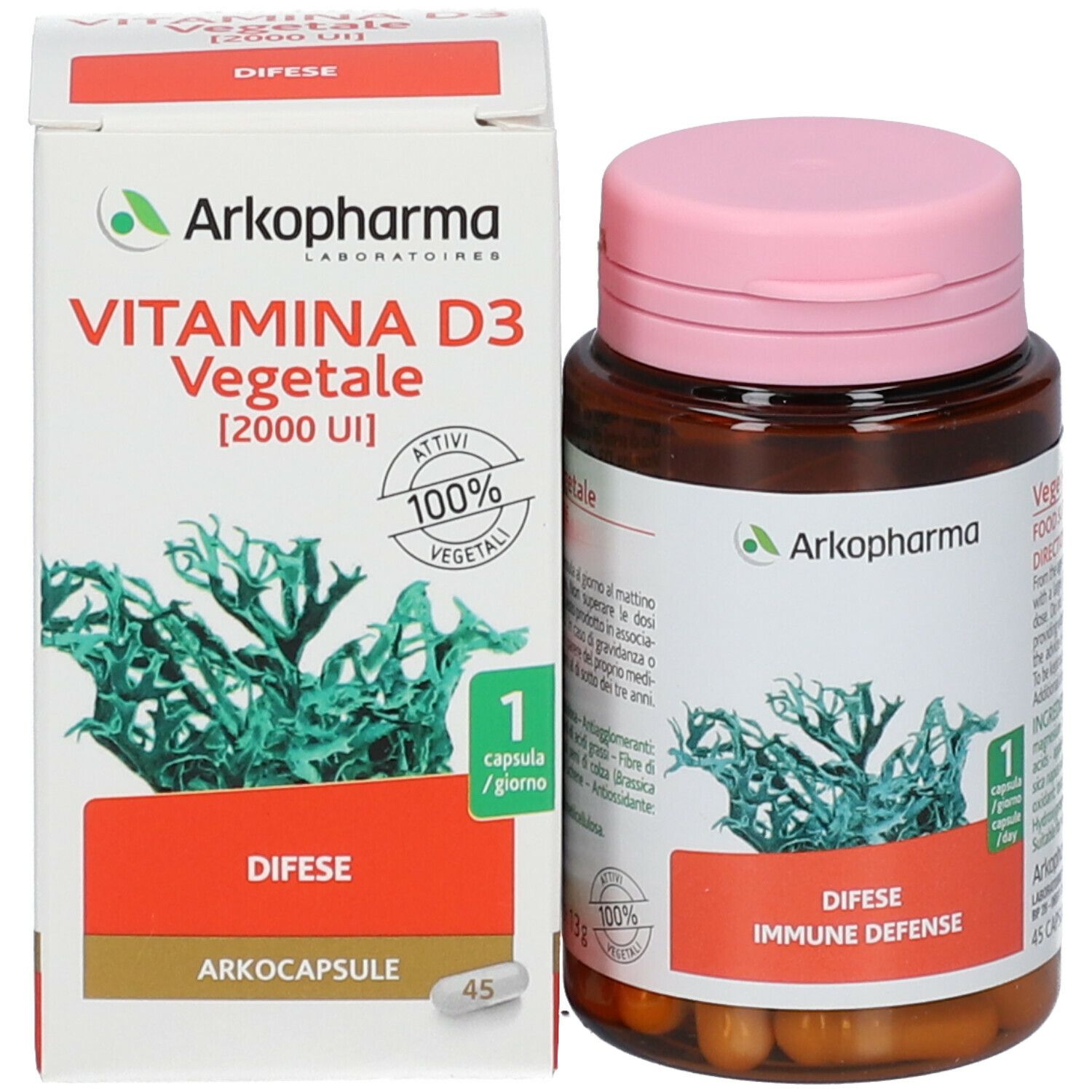 Confezione: flacone e scatola. Flacone: marrone, coperchio rosa. Scatola: bianca, verde, rossa. Scritta: Vitamina D3 Vegetale.