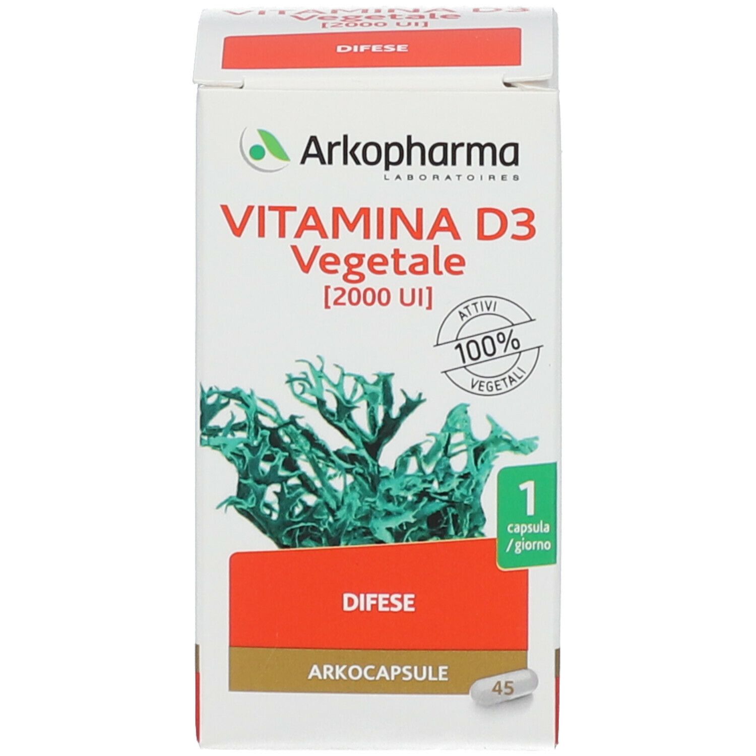 Scatola Arkopharma Vitamina D3 Vegetale. Scritta: 2000 UI, 100% vegetale. 45 capsule. Confezione verde e bianca.