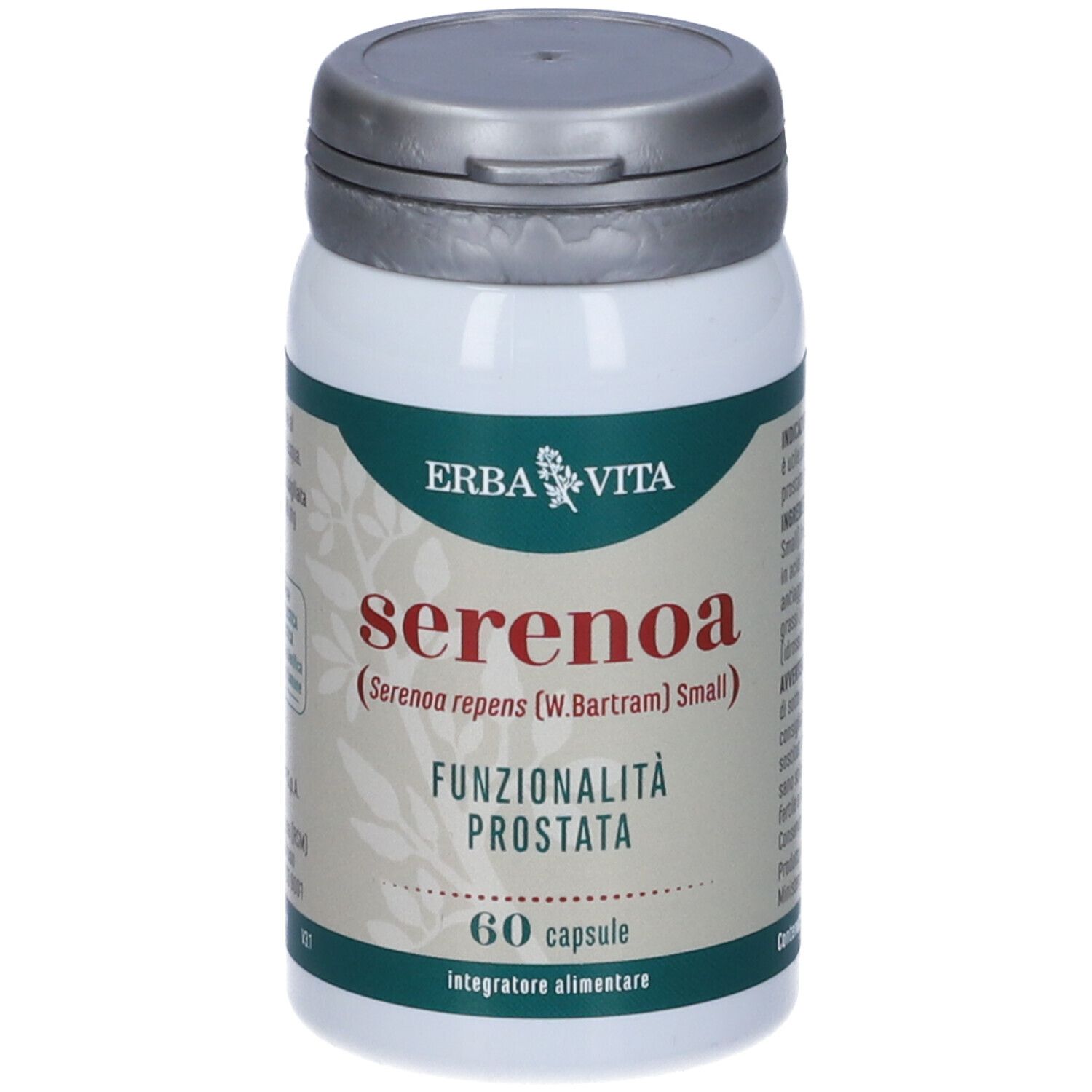 Flacone bianco con coperchio grigio. Scritta: Serenoa, Funzionalità Prostata, 60 capsule, Erba Vita.