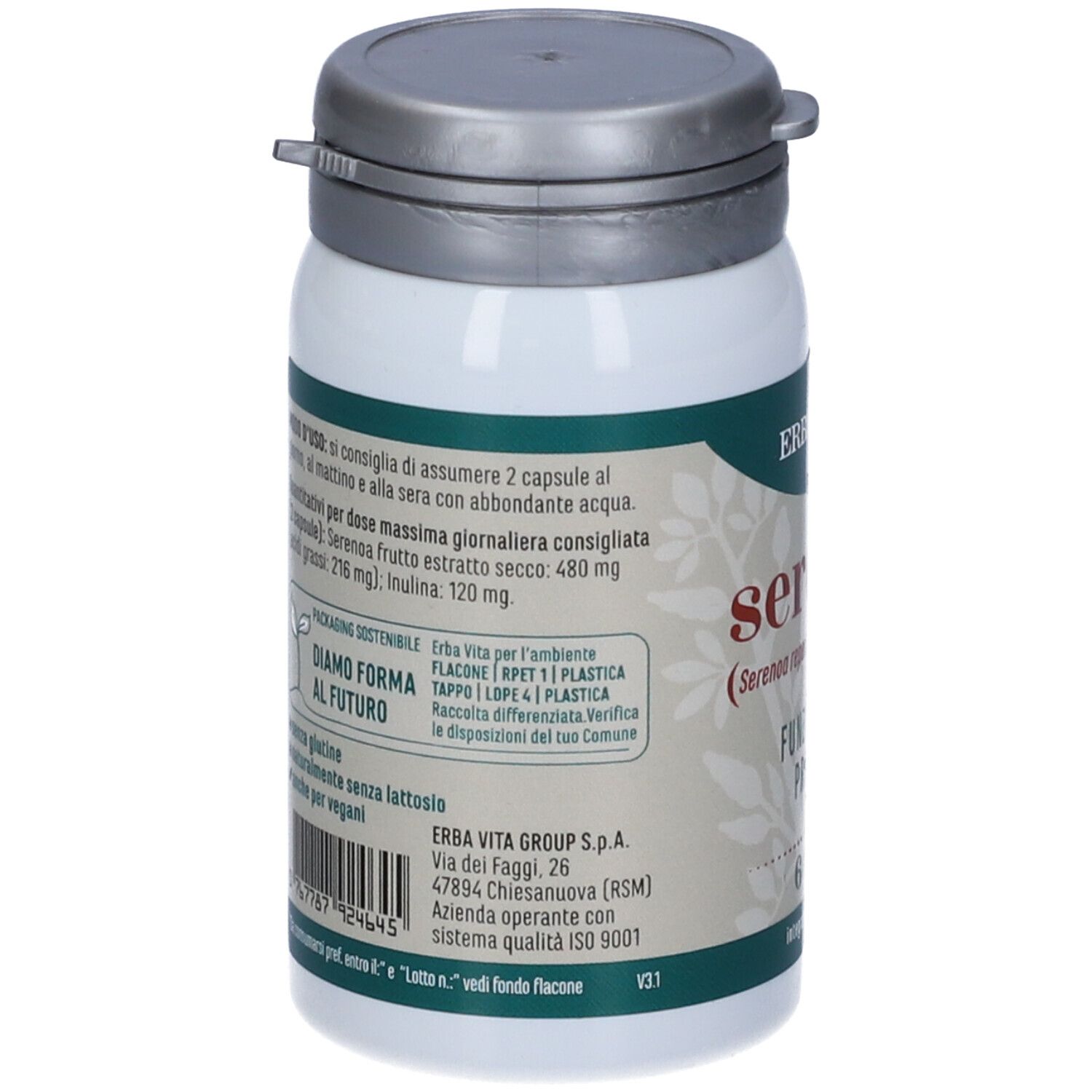 Retro del flacone bianco. Testo: ingredienti, istruzioni per l'uso, Erba Vita, ISO 9001.