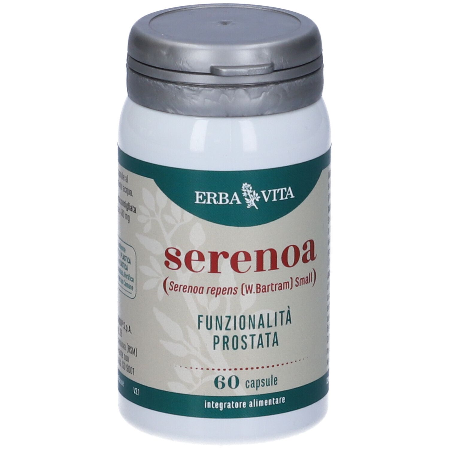 Flacone bianco con coperchio grigio. Scritta: Serenoa, Funzionalità Prostata, 60 capsule, Erba Vita.