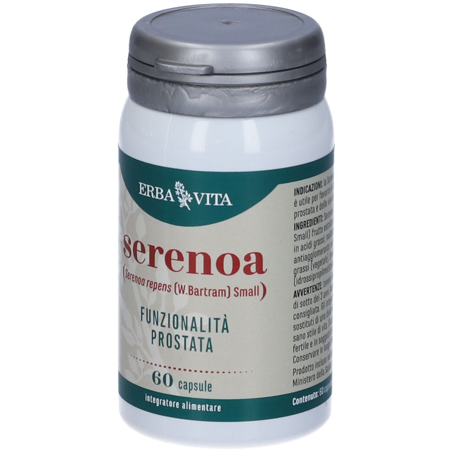 Flacone bianco con coperchio grigio. Scritta: Serenoa, Funzionalità Prostata, 60 capsule, Erba Vita.