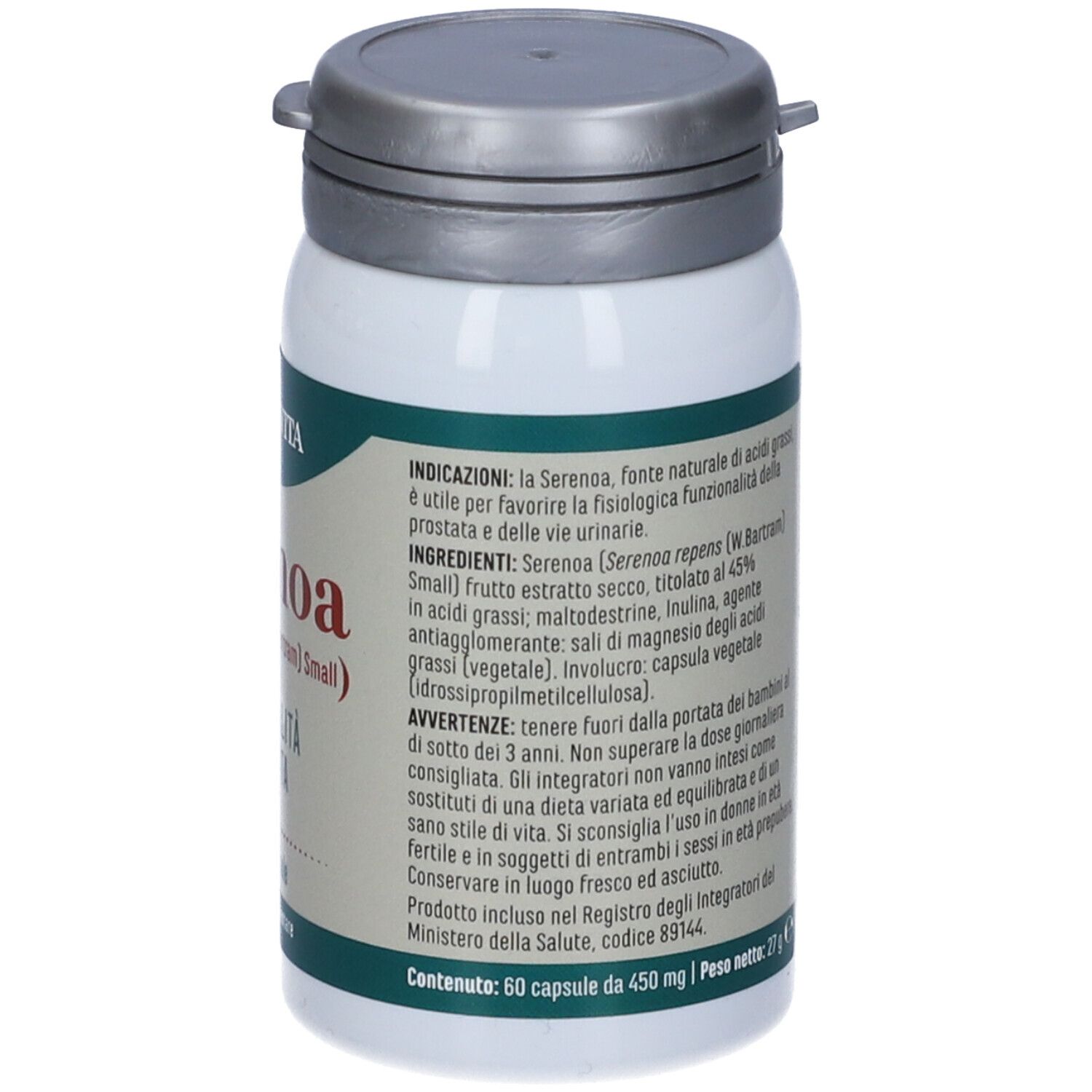 Retro del flacone bianco. Testo: ingredienti, istruzioni per l'uso, Erba Vita.