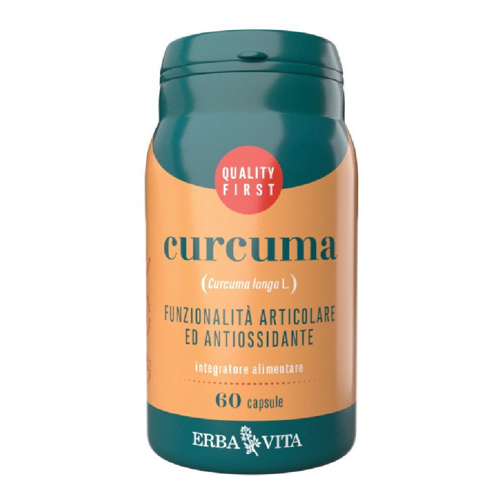 Flacone verde con scritta 'curcuma'. Contiene 60 capsule. Logo 'ERBA VITA' visibile.