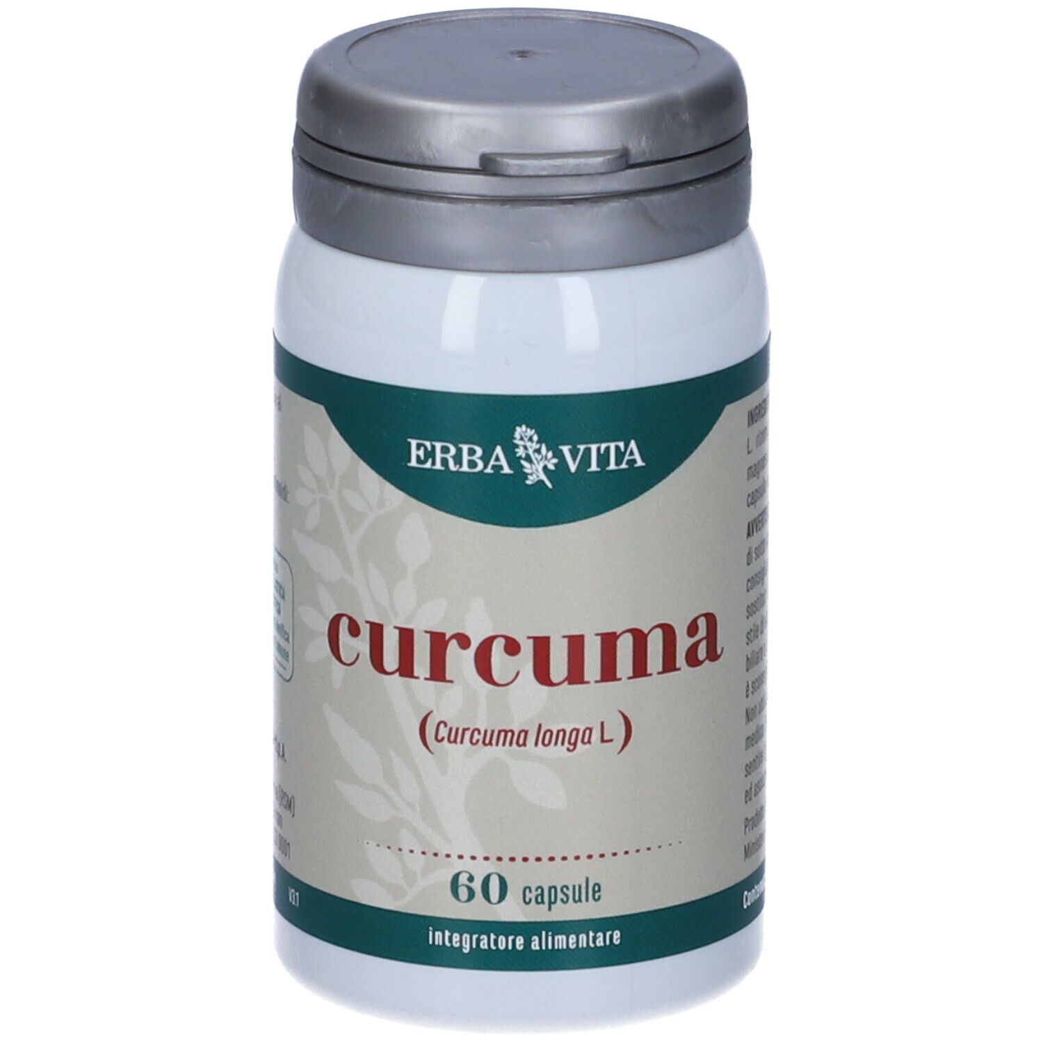 Flacone bianco con scritta 'curcuma'. Contiene 60 capsule. Logo 'ERBA VITA' visibile.