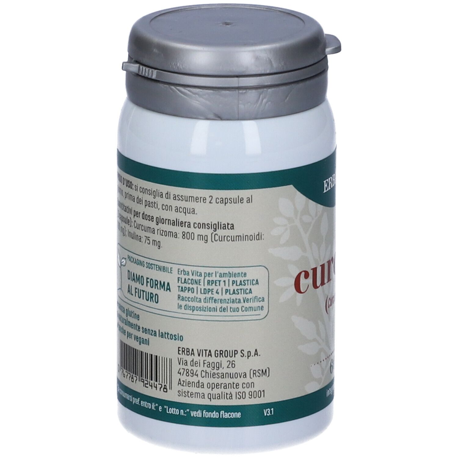 Flacone bianco con scritta 'curcuma'. Contiene 60 capsule. Logo 'ERBA VITA' visibile.