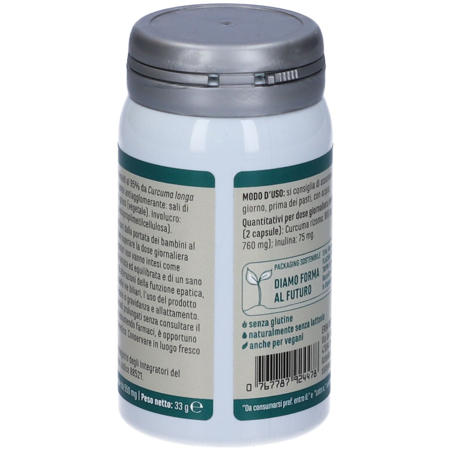 Flacone bianco con scritta 'curcuma'. Contiene 60 capsule. Logo 'ERBA VITA' visibile.
