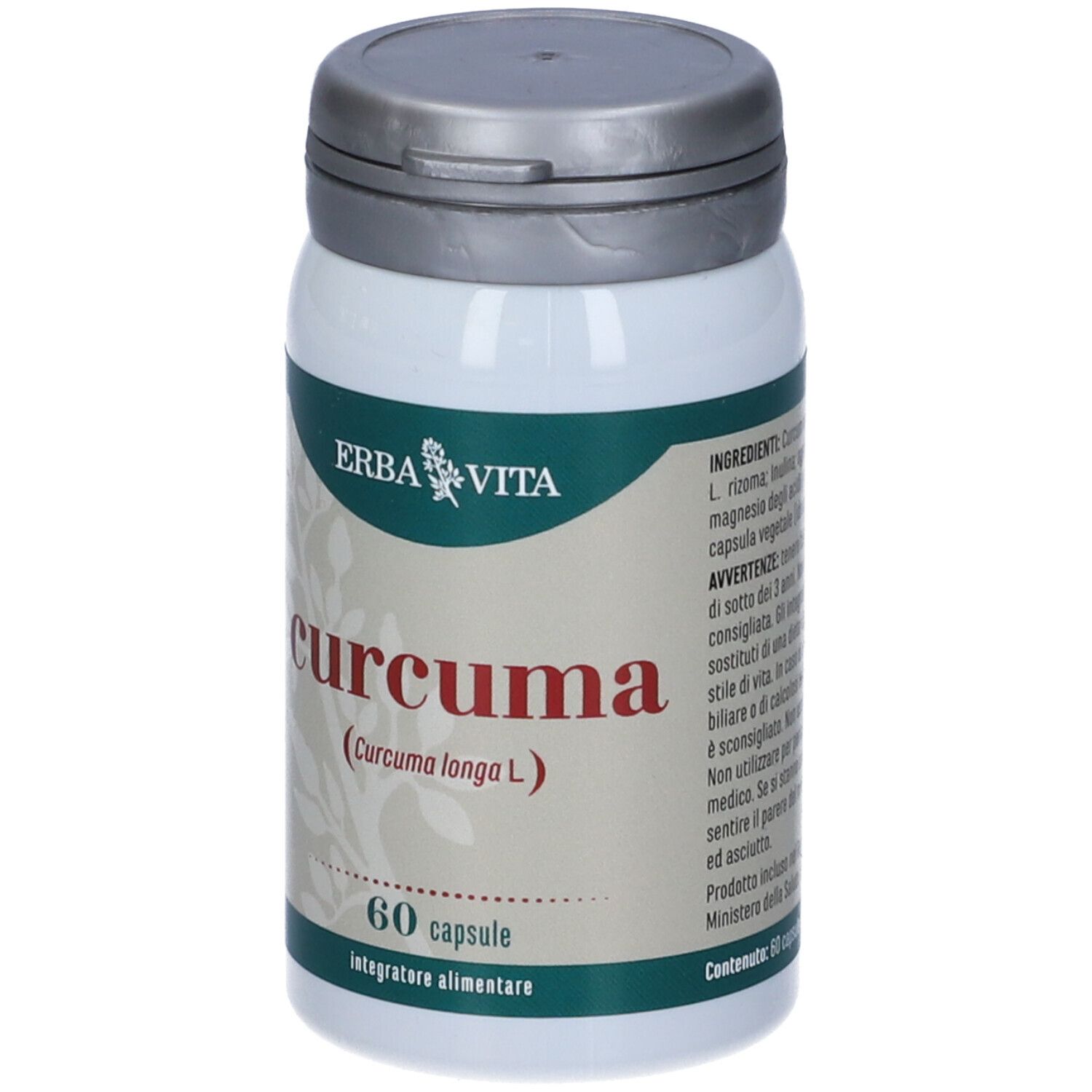 Flacone bianco con scritta 'curcuma'. Contiene 60 capsule. Logo 'ERBA VITA' visibile.