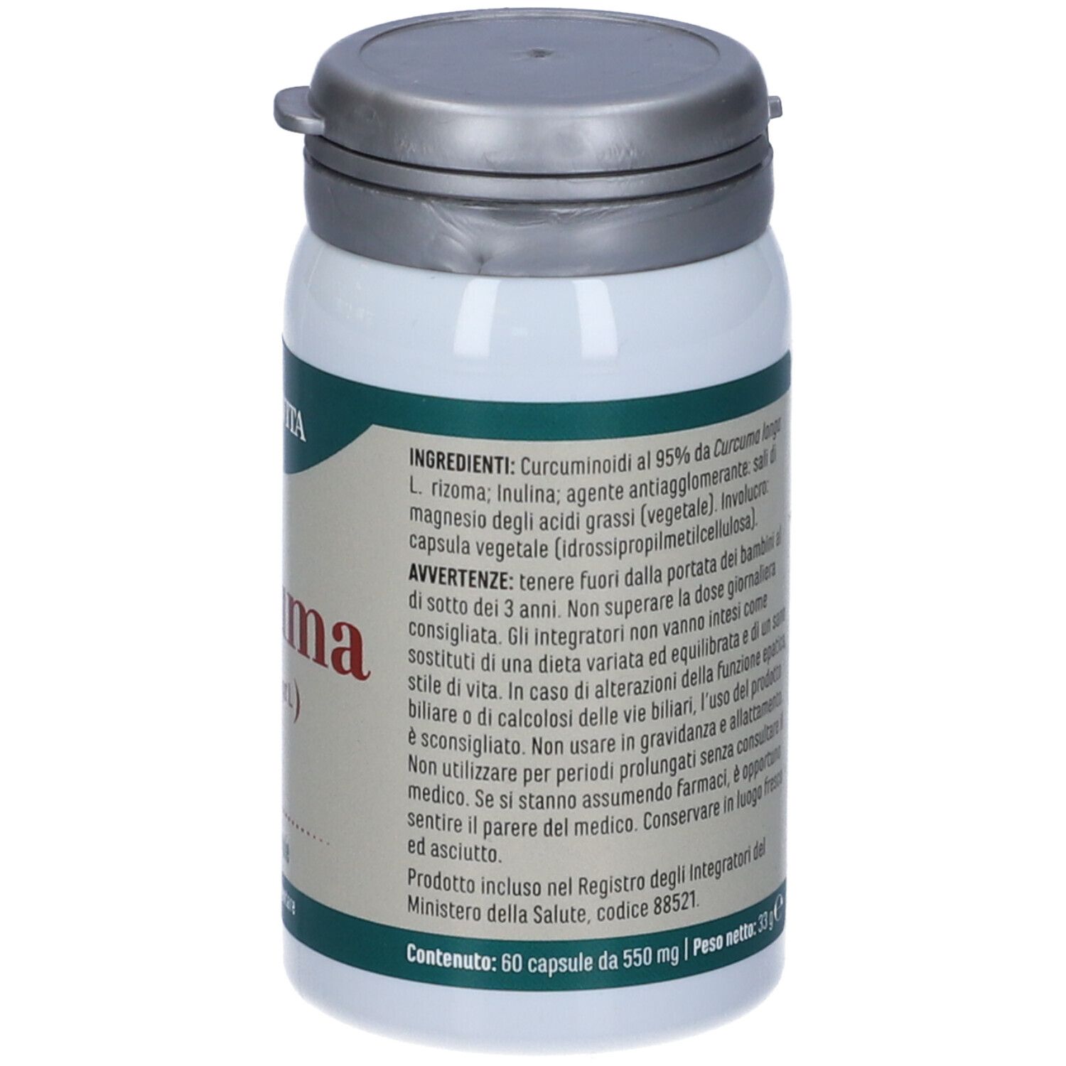 Flacone bianco con scritta 'curcuma'. Contiene 60 capsule. Logo 'ERBA VITA' visibile.