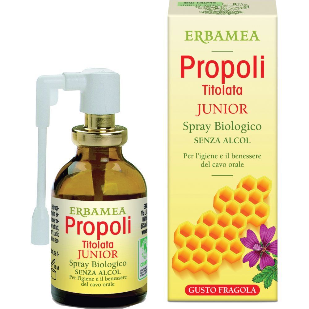 Flacone in vetro marrone con nebulizzatore e confezione. Scritta: Erbamea Propoli Junior Spray Biologico.