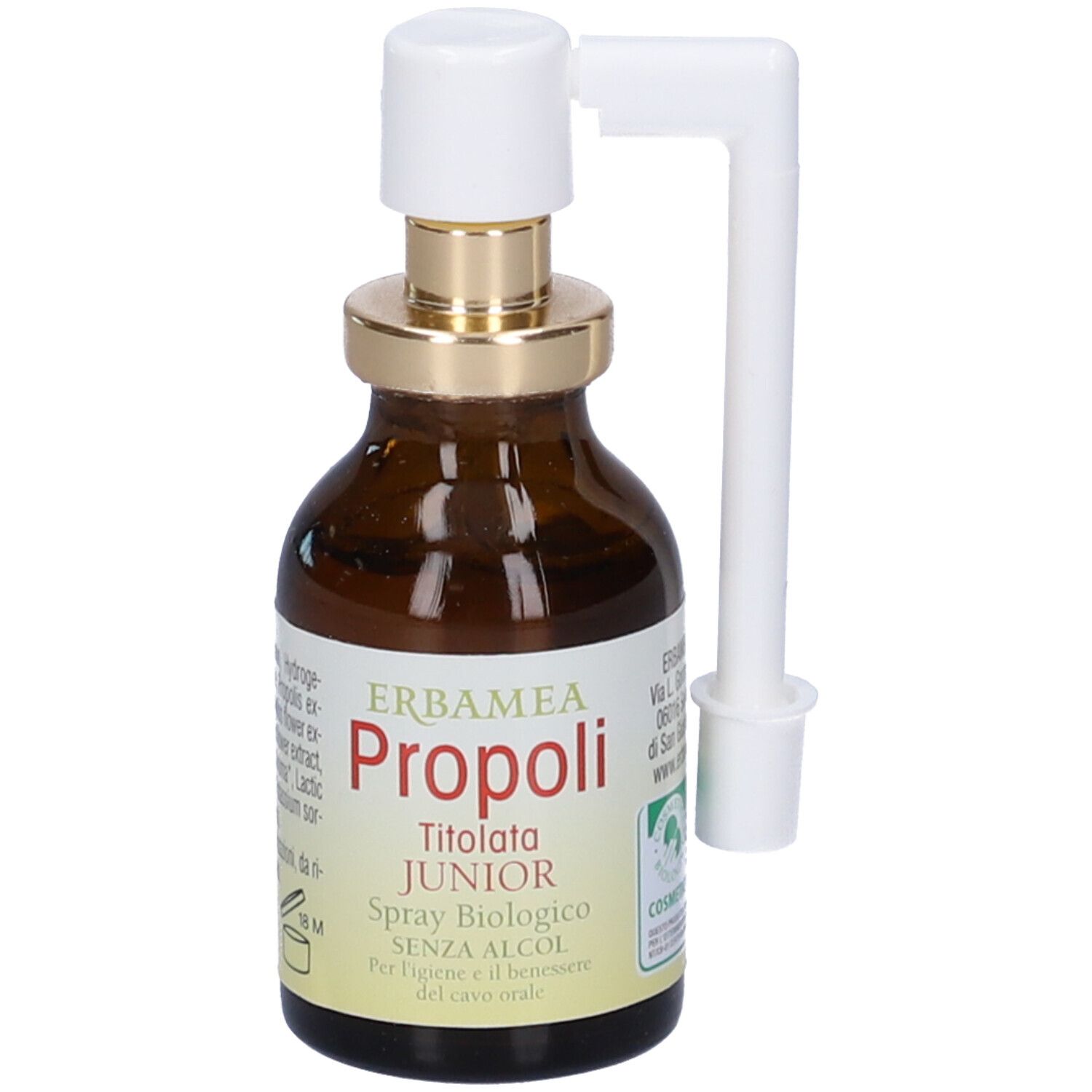 Flacone in vetro marrone con nebulizzatore. Scritta: Erbamea Propoli Junior Spray Biologico. Senza alcool.