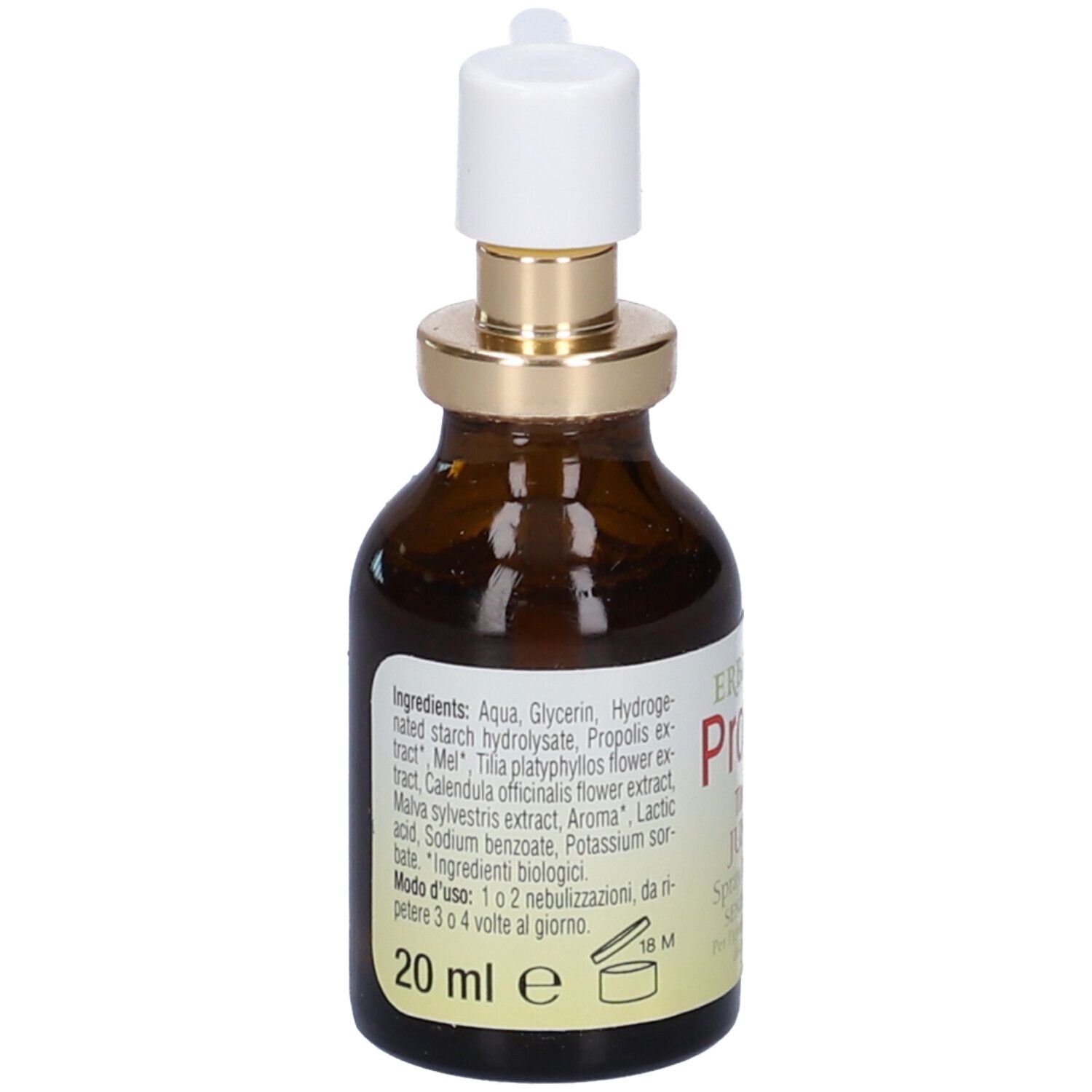 Flacone in vetro marrone con nebulizzatore. Scritta: Erbamea Propoli Junior Spray Biologico. Senza alcool.