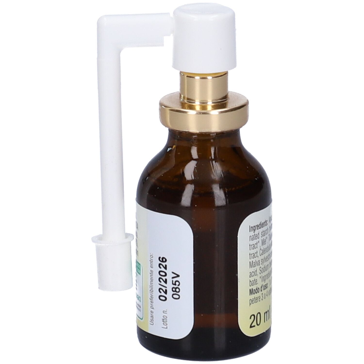 Flacone in vetro marrone con nebulizzatore. Scritta: Erbamea Propoli Junior Spray Biologico. 20 ml.