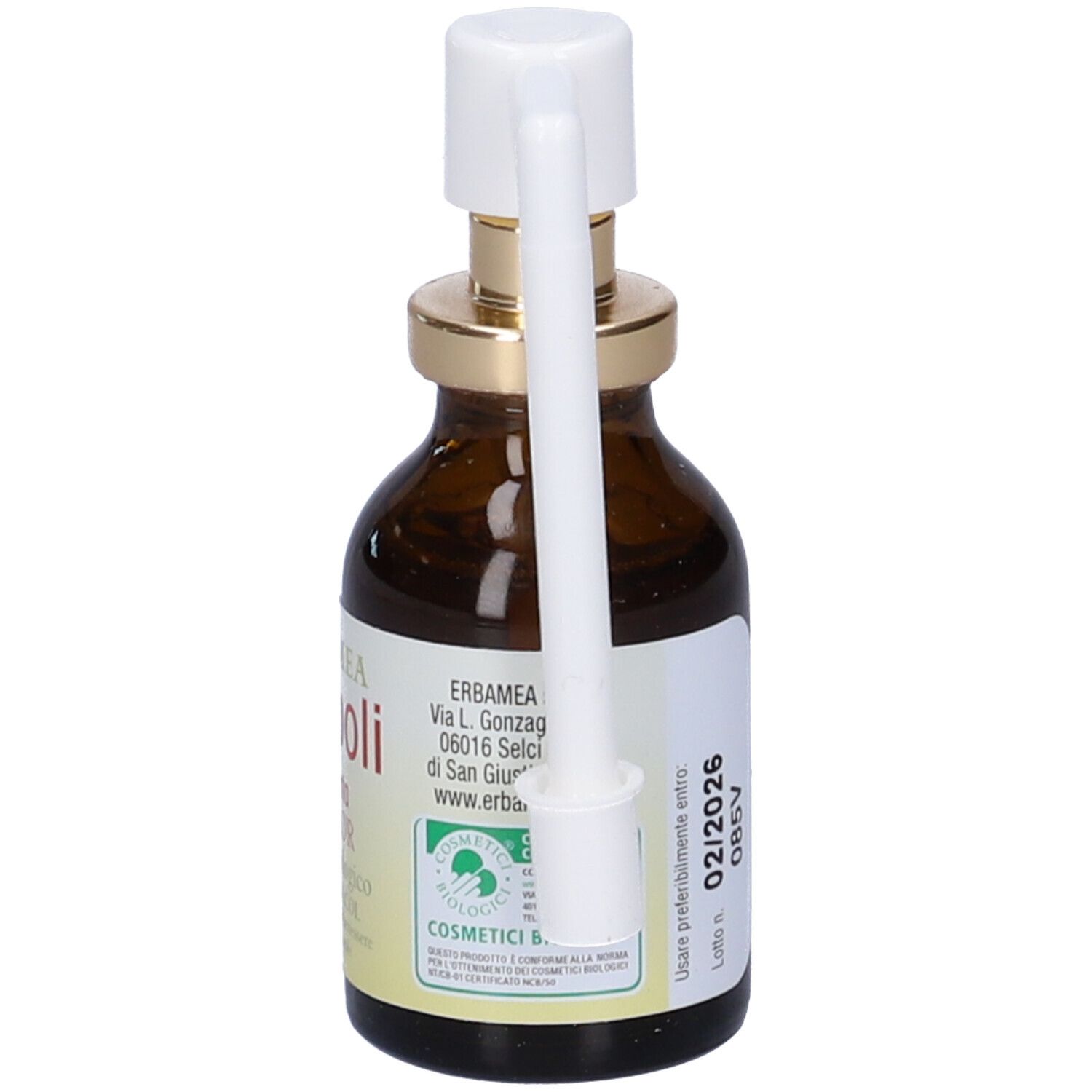 Flacone in vetro marrone con nebulizzatore. Scritta: Erbamea Propoli Junior Spray Biologico. 20 ml. Scadenza 02/2026.