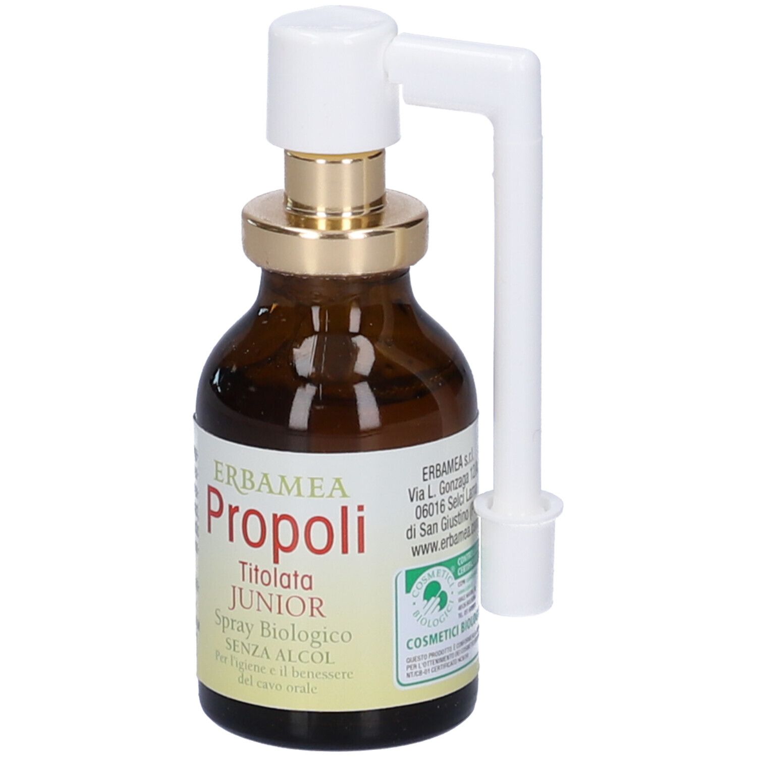 Flacone in vetro marrone con nebulizzatore. Scritta: Erbamea Propoli Junior Spray Biologico. 20 ml. Scadenza 02/2026.