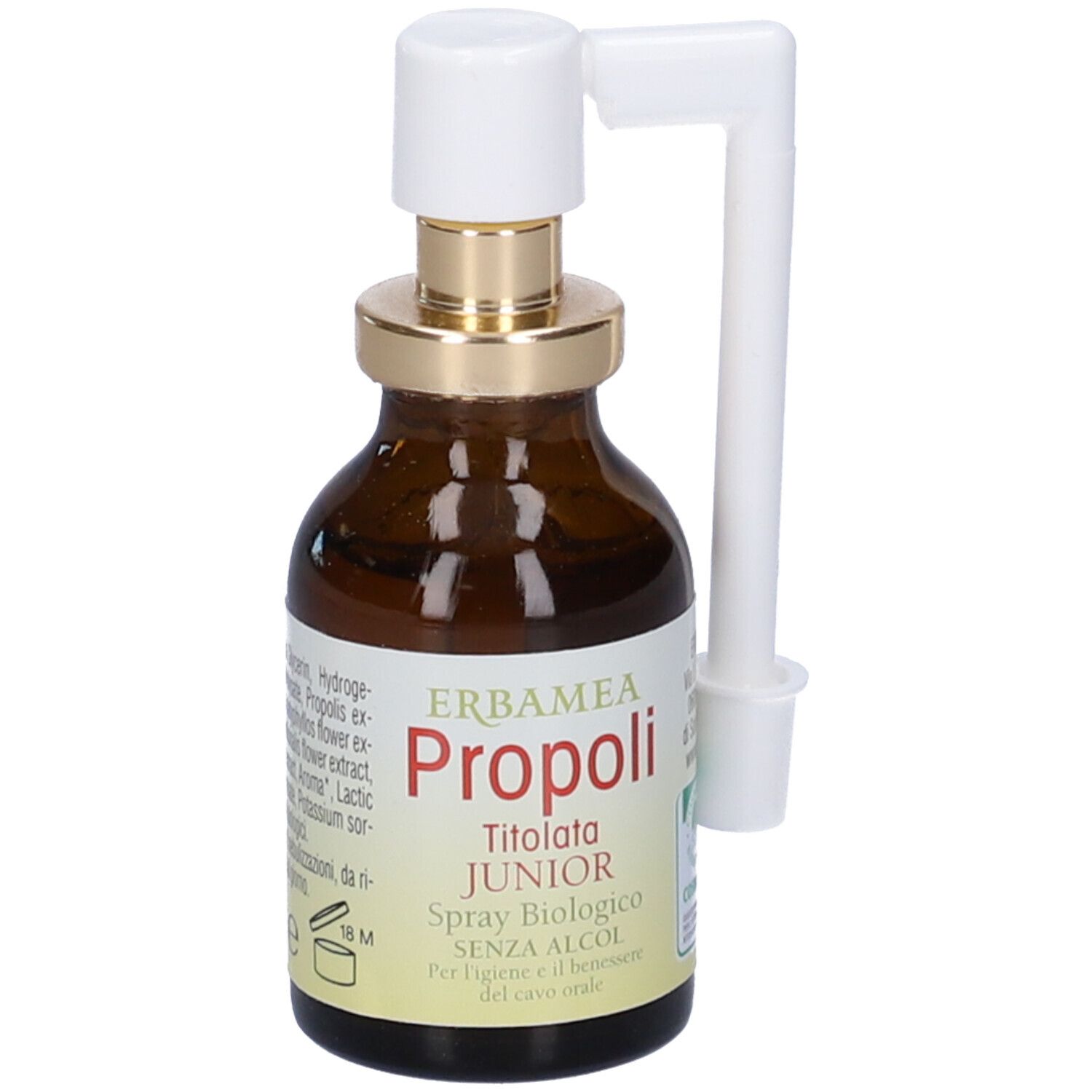 Flacone in vetro marrone con nebulizzatore. Scritta: Erbamea Propoli Junior Spray Biologico. 20 ml.