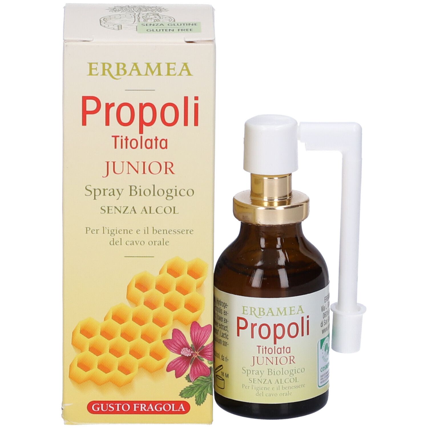 Flacone in vetro marrone con nebulizzatore. Scritta: Erbamea Propoli Junior Spray Biologico. 20 ml.