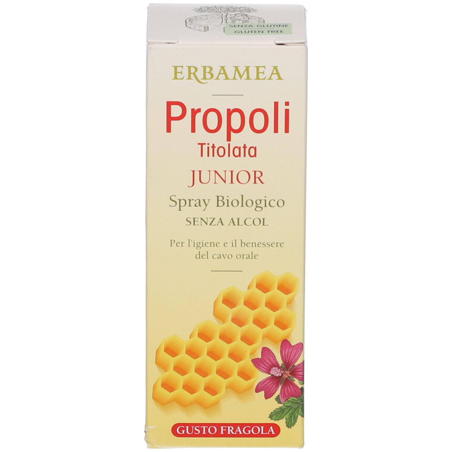 Confezione con scritta: Erbamea Propoli Junior Spray Biologico. Con favi e fiore.