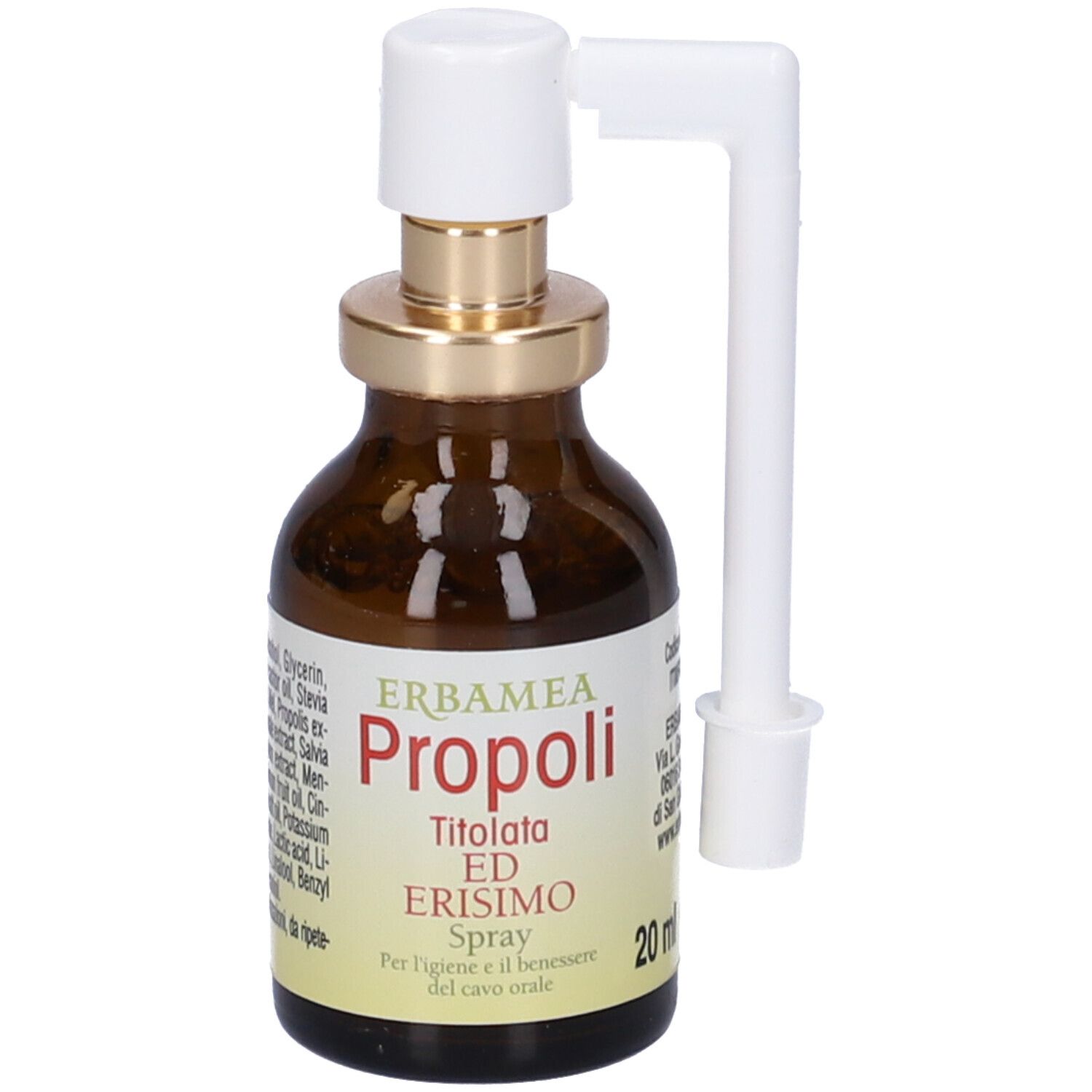 Flacone di vetro marrone con nebulizzatore e applicatore bianco. Scritta: Erbamea Propoli, Titolata ED Erisimo Spray.