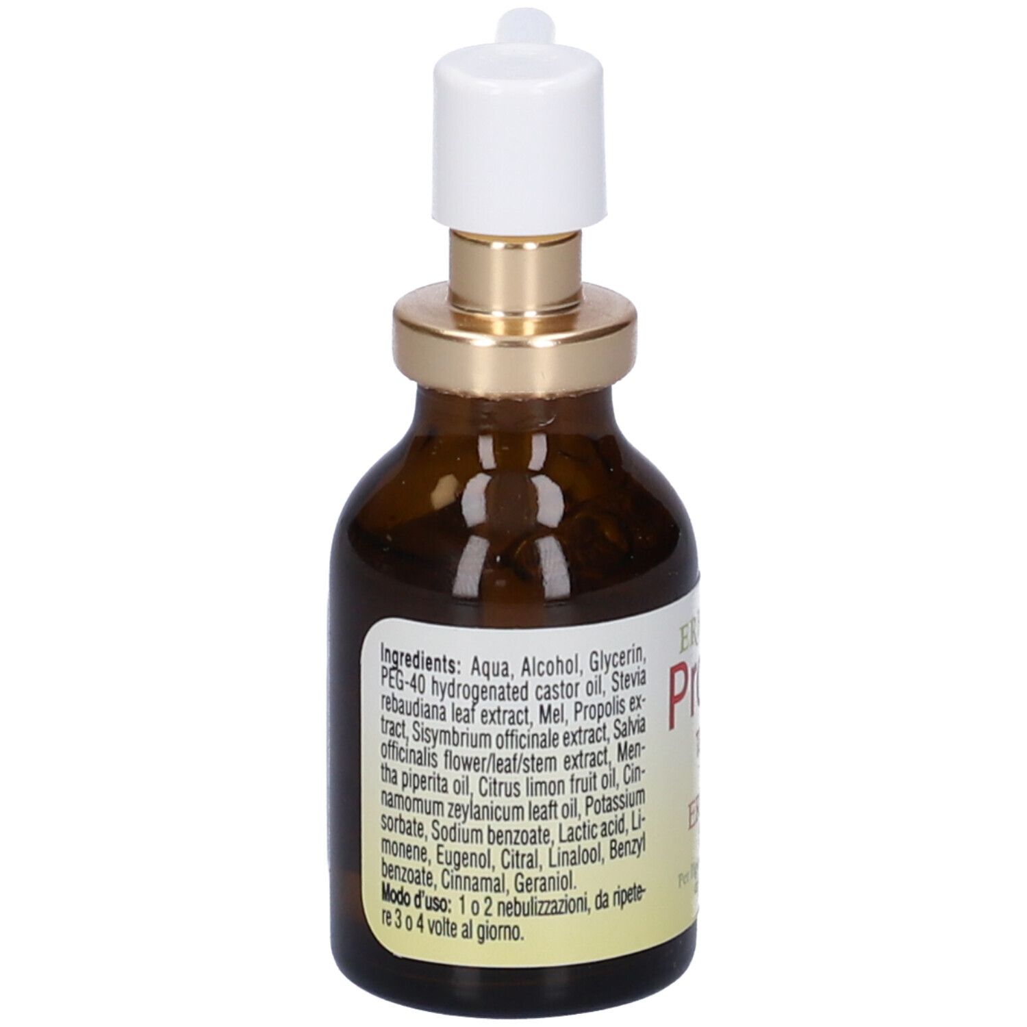 Retro di un flacone di vetro marrone con ingredienti. Testo: Aqua, Alcohol, Glycerin, PEG-40...