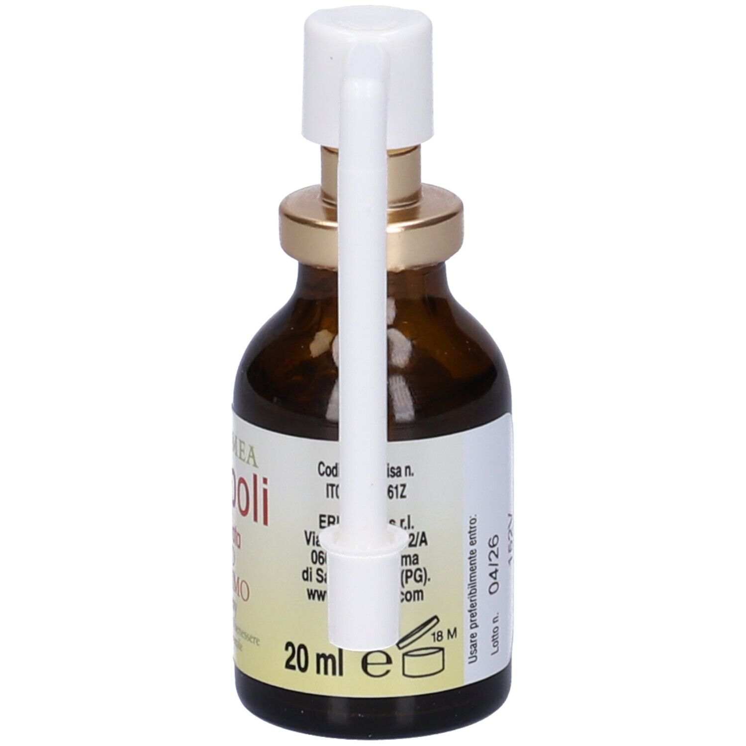 Flacone di vetro marrone con nebulizzatore e applicatore bianco. Scritta: Erbamea Propoli, 20 ml.