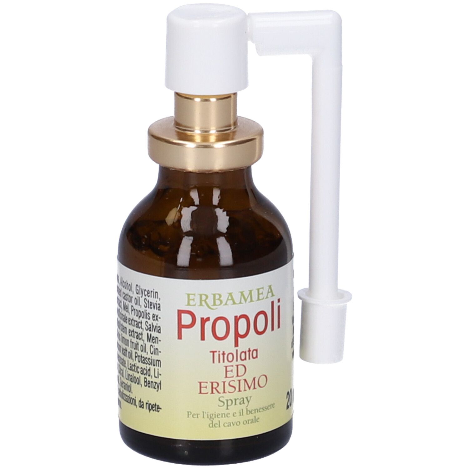 Flacone di vetro marrone con nebulizzatore e applicatore bianco. Scritta: Erbamea Propoli, 20 ml.