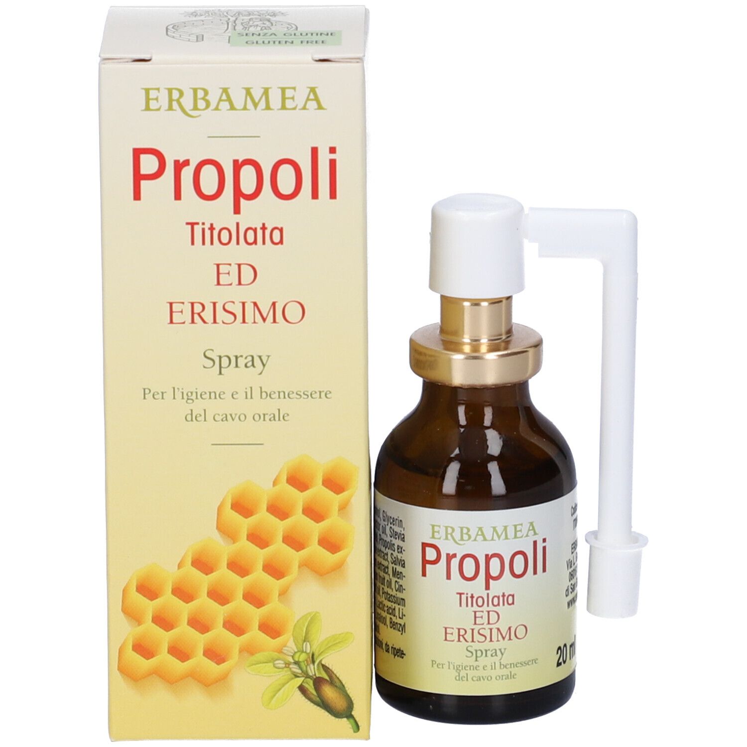Confezione e flacone del prodotto. Scatola con nome del prodotto e design a nido d'ape. Flacone con nebulizzatore.