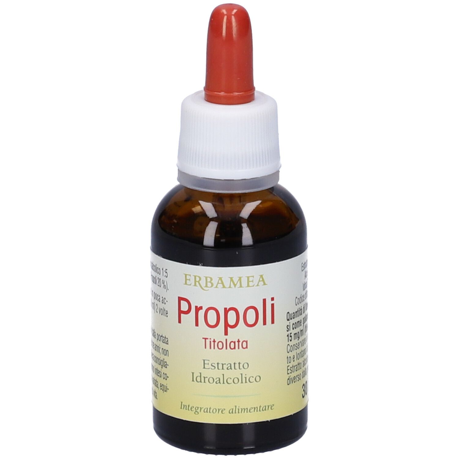 Flacone di vetro marrone con contagocce rosso. Etichetta: Erbamea Propoli Titolata Estratto Idroalcolico. Integratore alimentare.