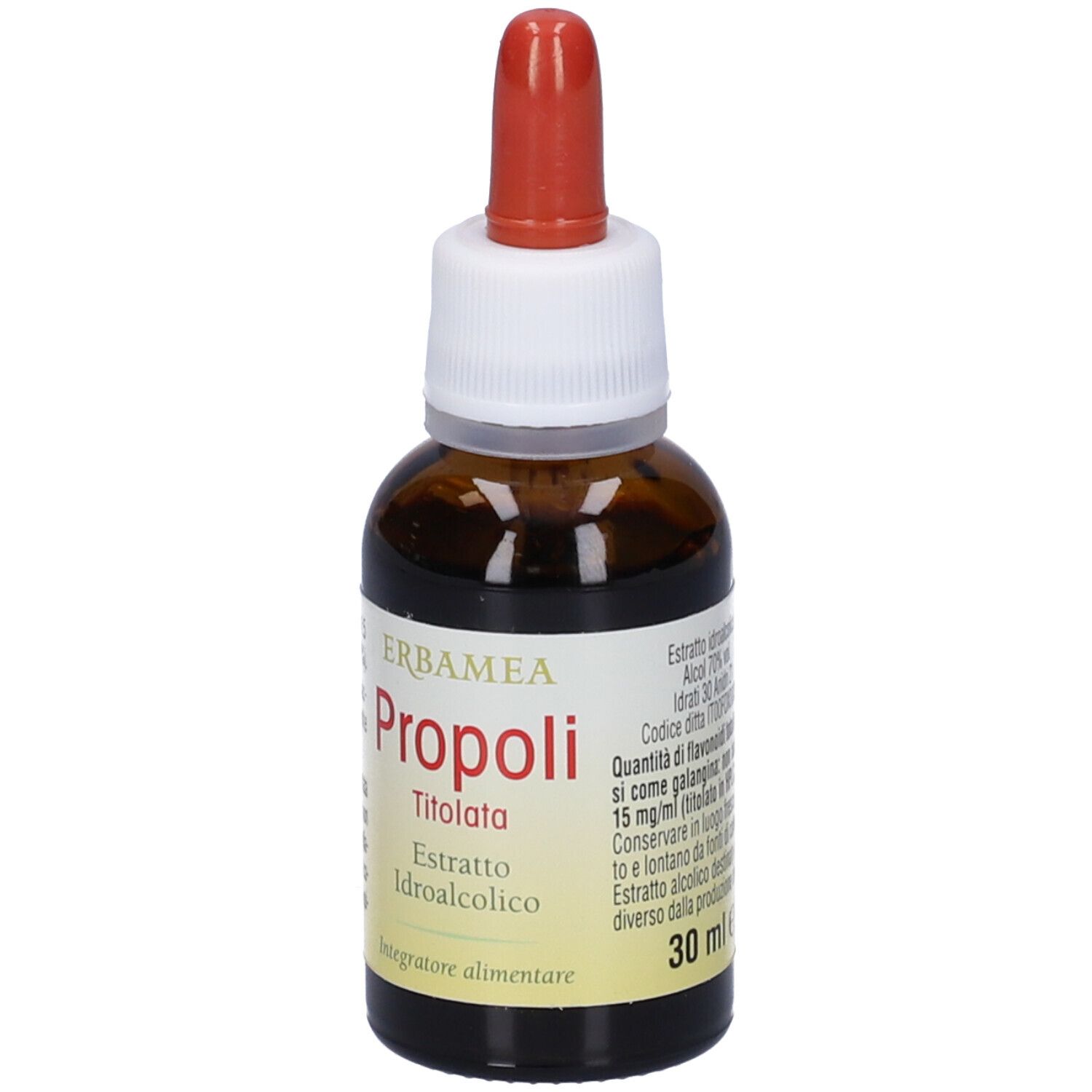 Flacone di vetro marrone con contagocce rosso. Etichetta: Erbamea Propoli Titolata Estratto Idroalcolico. 30 ml.