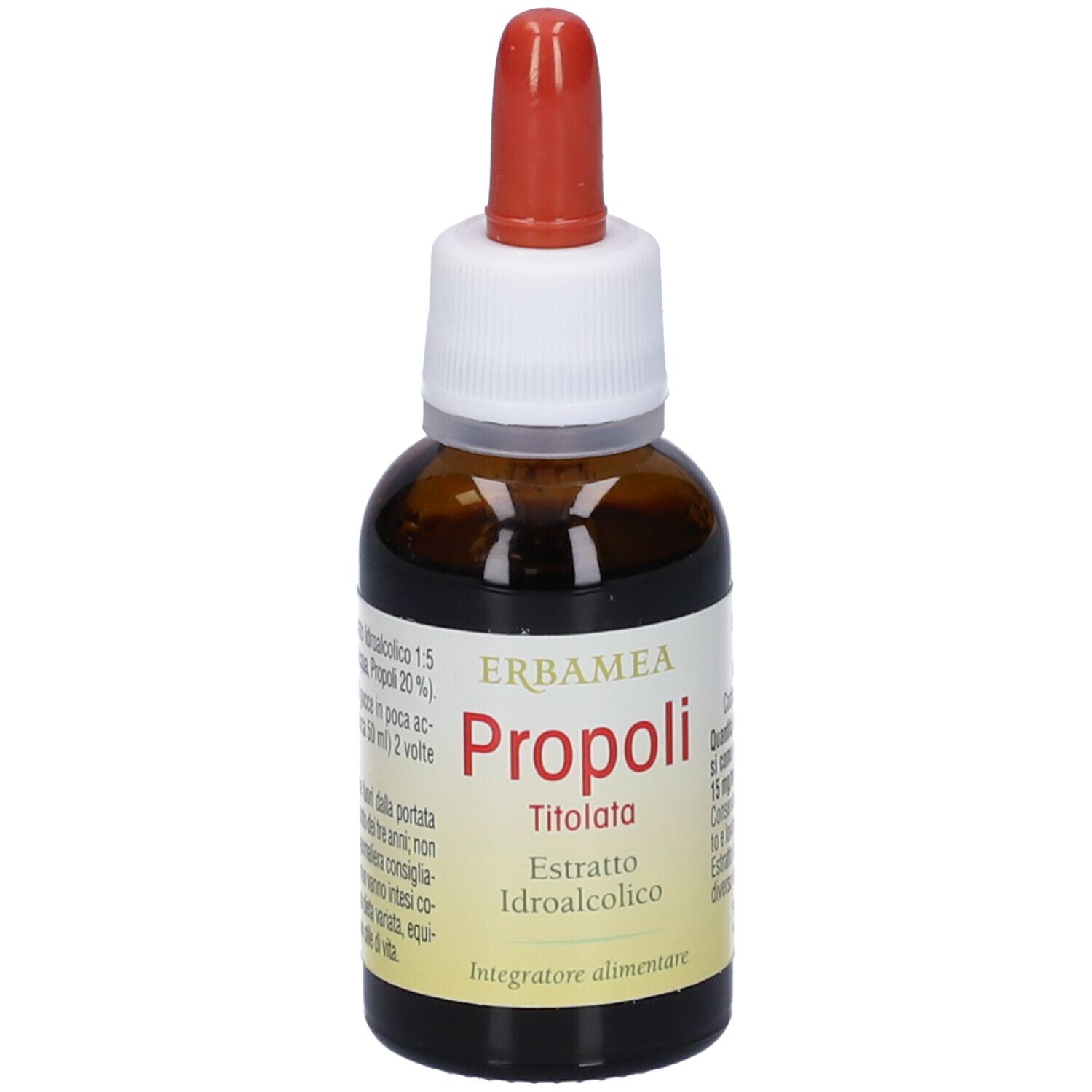 Flacone di vetro marrone con contagocce rosso. Etichetta: Erbamea Propoli Titolata Estratto Idroalcolico. 30 ml.