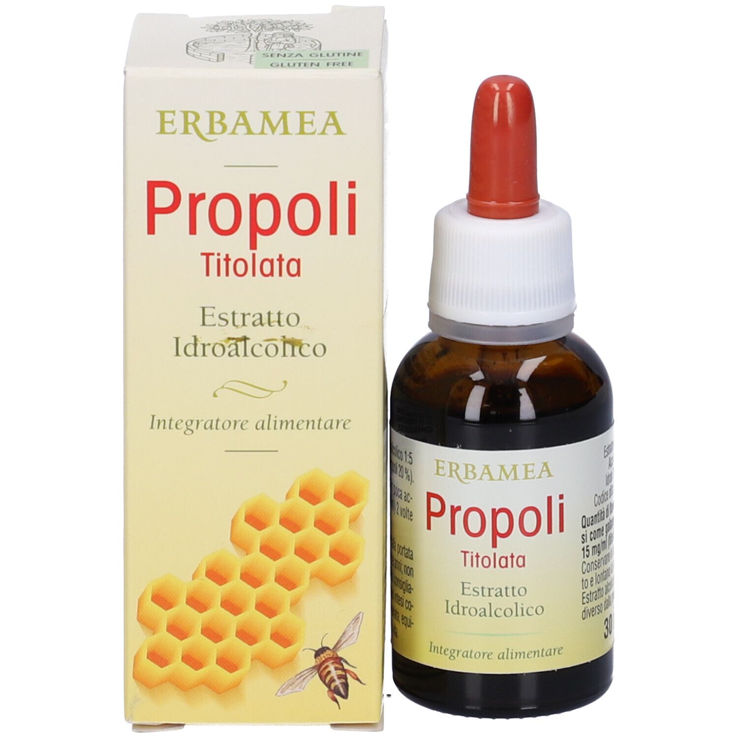 Flacone e confezione Erbamea Propoli Titolata Estratto Idroalcolico. Illustrazione a nido d'ape. Senza glutine.