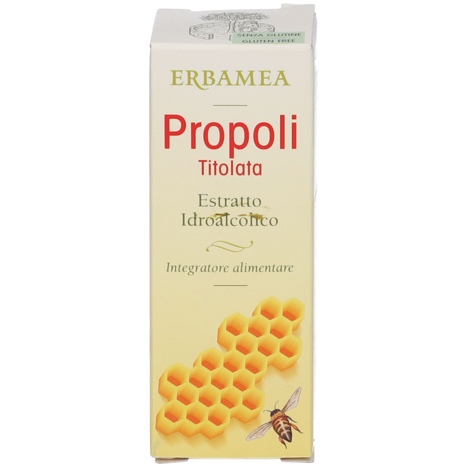Confezione di Erbamea Propoli Titolata Estratto Idroalcolico. Illustrazione a nido d'ape. Senza glutine.