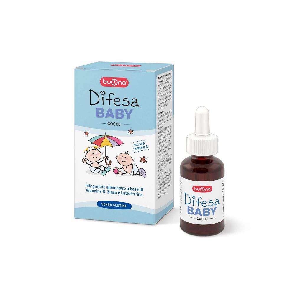 Scatola e flacone di gocce. Sul flacone c'è scritto "Difesa BABY GOCCE". Sulla scatola sono raffigurati dei bambini e un ombrello.