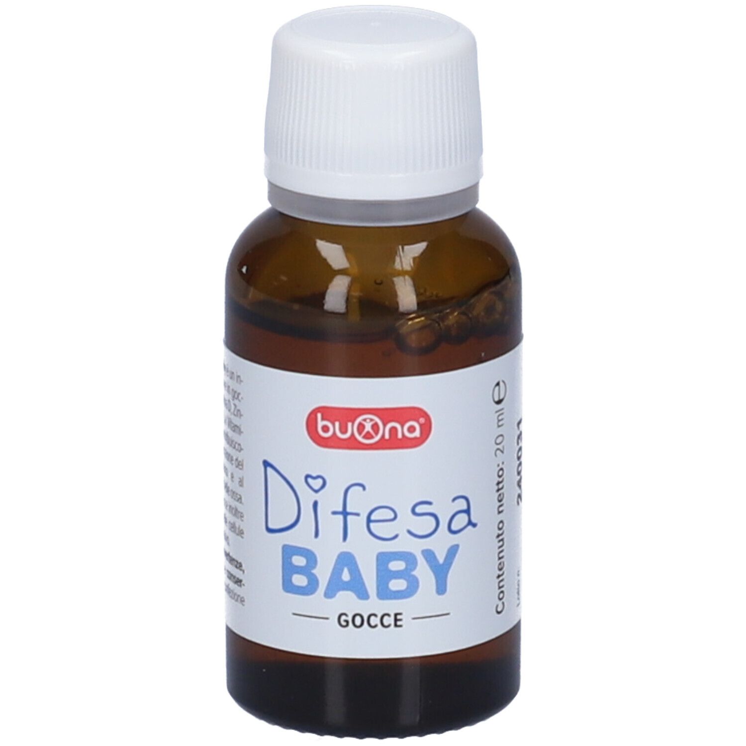 Flacone di vetro marrone con tappo bianco. L'etichetta riporta la scritta "Difesa BABY GOCCE". L'etichetta presenta il logo Buona.