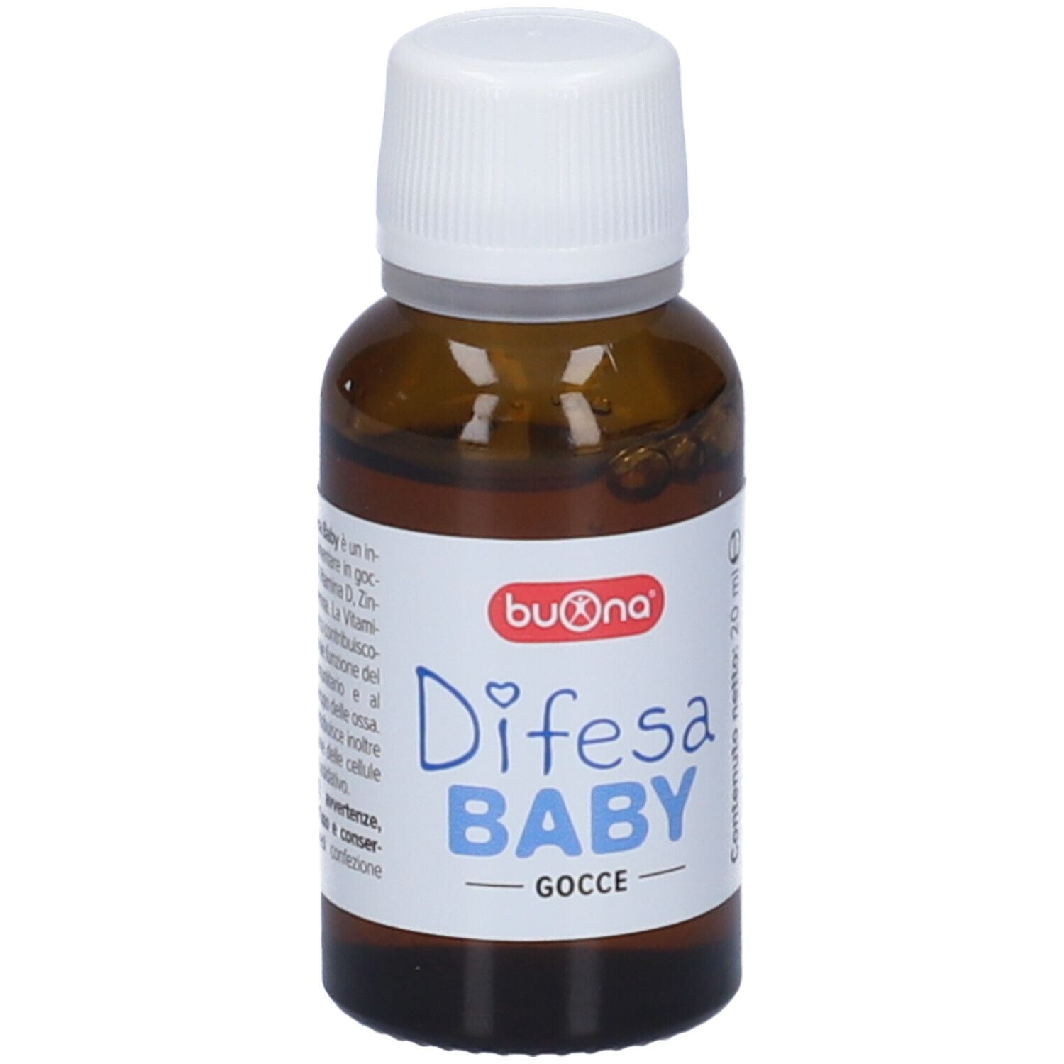 Flacone di vetro marrone con tappo bianco. L'etichetta riporta la scritta "Difesa BABY GOCCE". L'etichetta presenta il logo Buona.