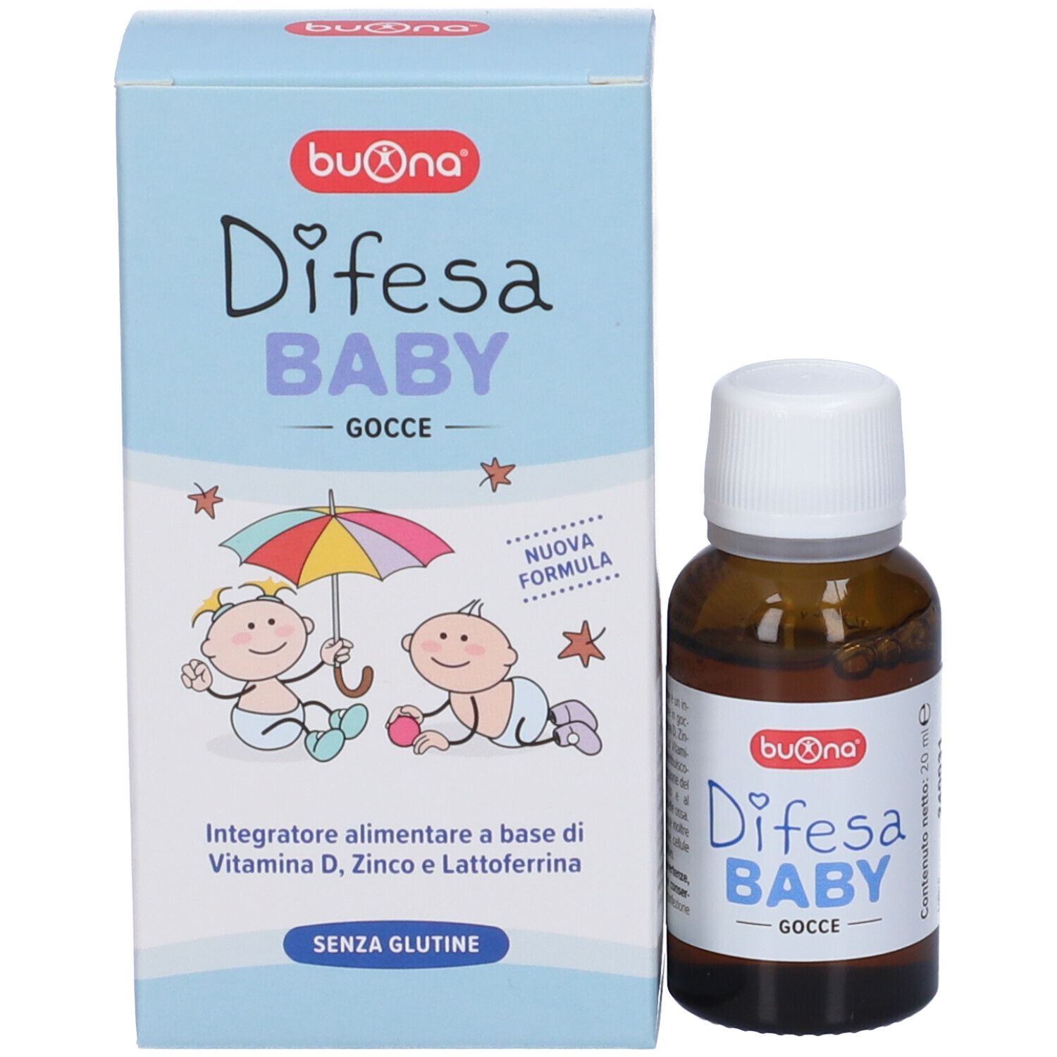 Scatola e flacone di gocce. Sul flacone c'è scritto "Difesa BABY GOCCE". Sulla scatola sono raffigurati dei bambini e un ombrello.