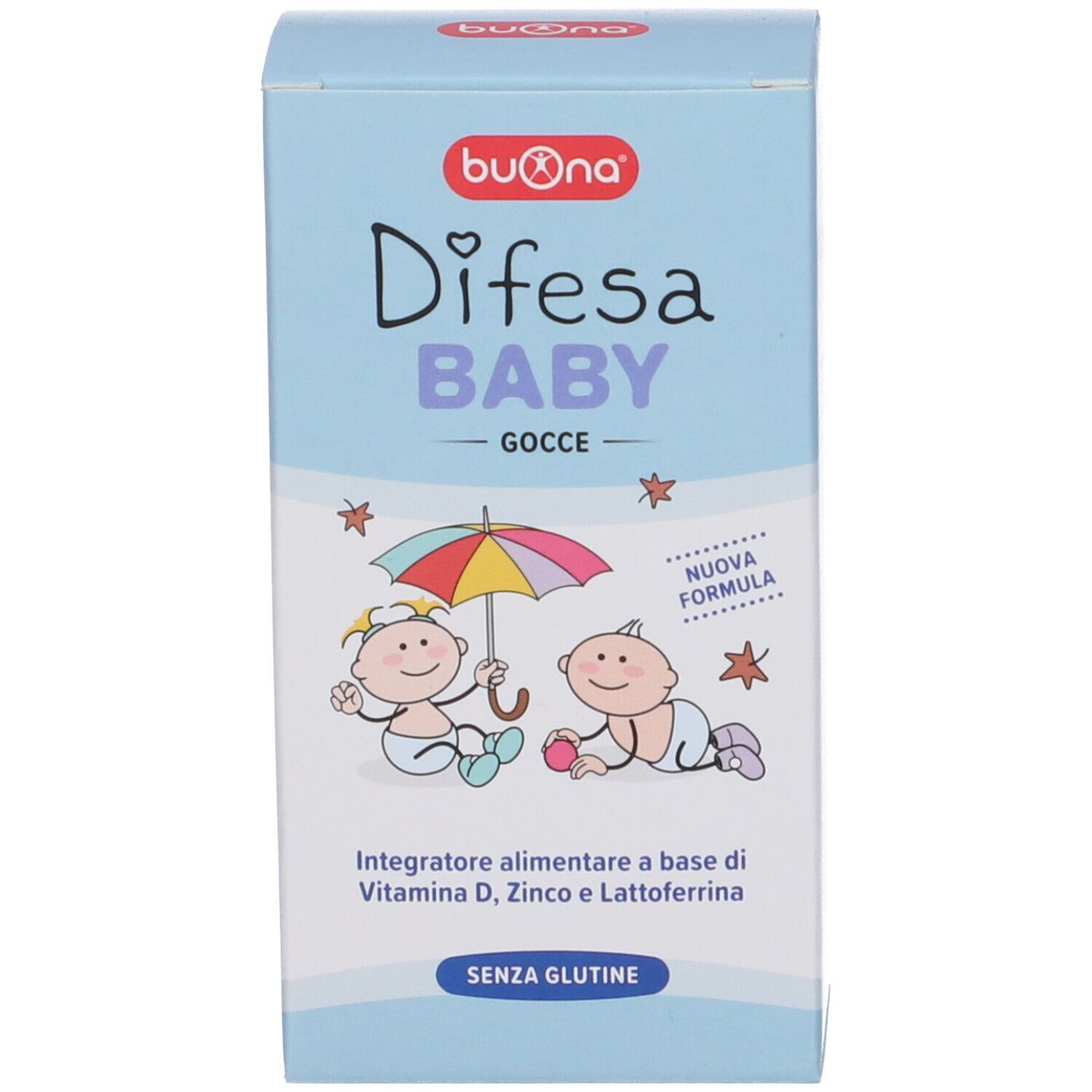 Scatola con la scritta "Difesa BABY GOCCE". Sulla scatola sono raffigurati dei bambini e un ombrello. Il logo Buona è visibile.