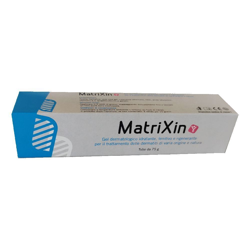 Scatola Matrixin. Scritto: Gel dermatologico idratante, lenitivo e rigenerante. Tube da 75 g.