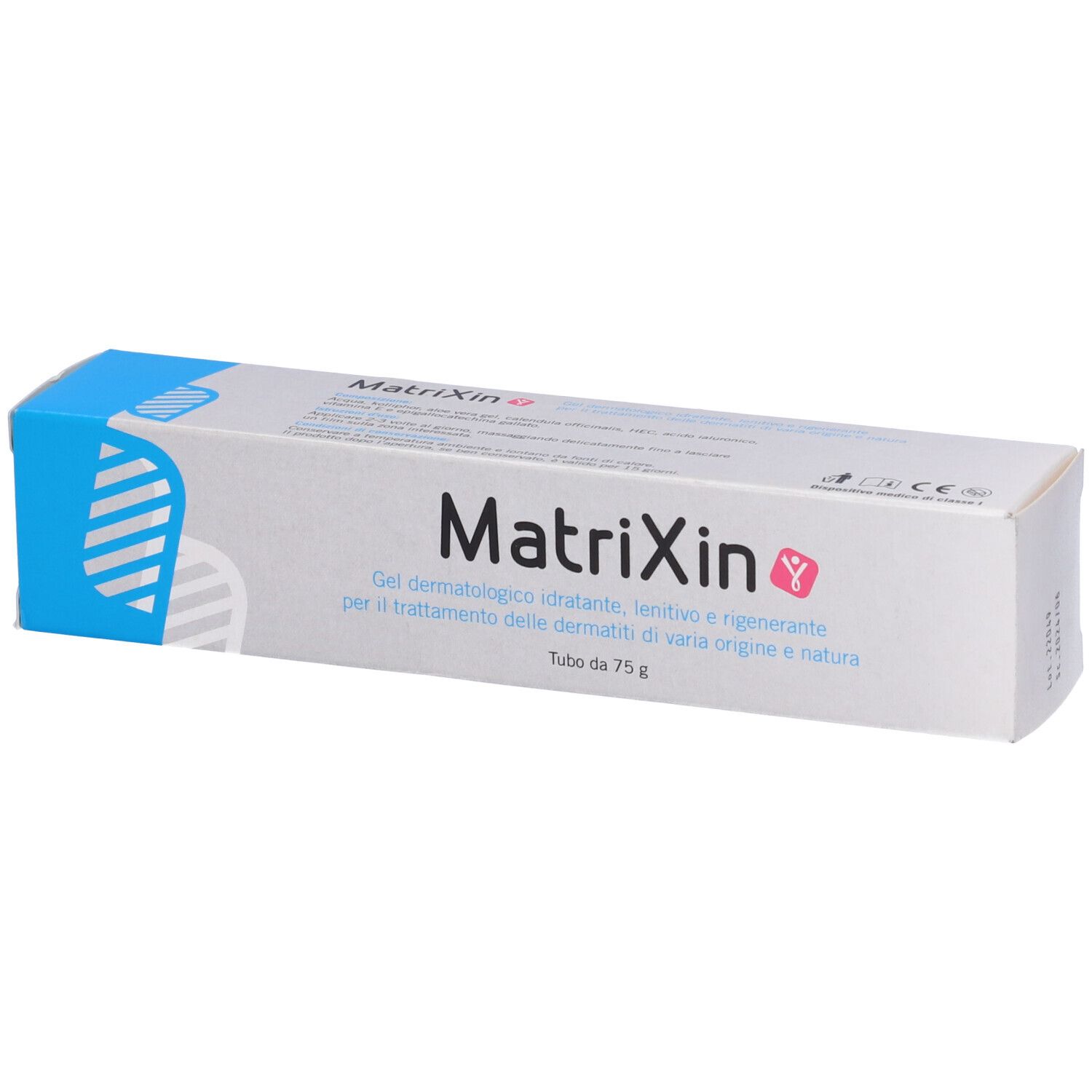 Scatola Matrixin. Scritto: Gel dermatologico idratante, lenitivo e rigenerante. Tube da 75 g. Confezione blu e bianca.