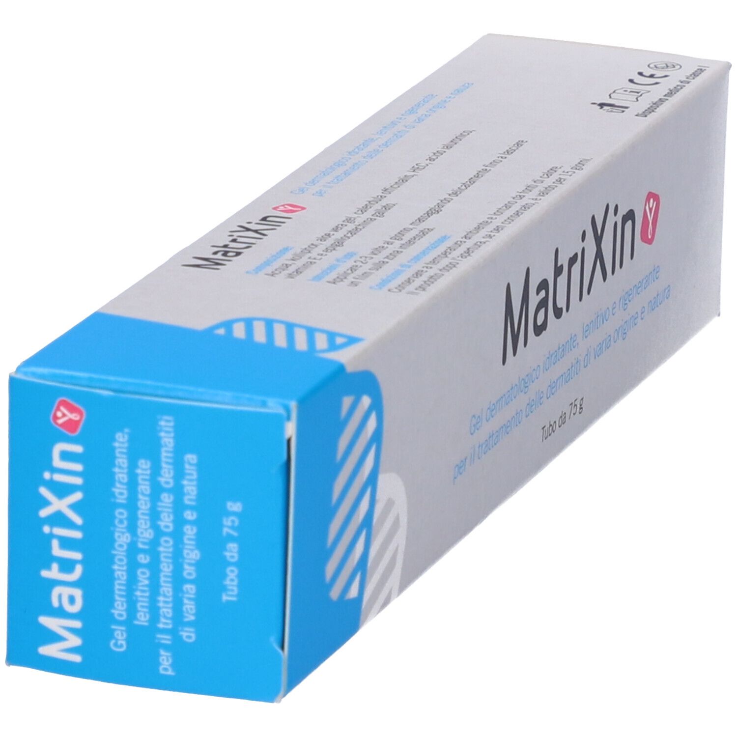 Scatola Matrixin. Scritto: Gel dermatologico idratante, lenitivo e rigenerante. Tube da 75 g. Confezione blu e bianca.