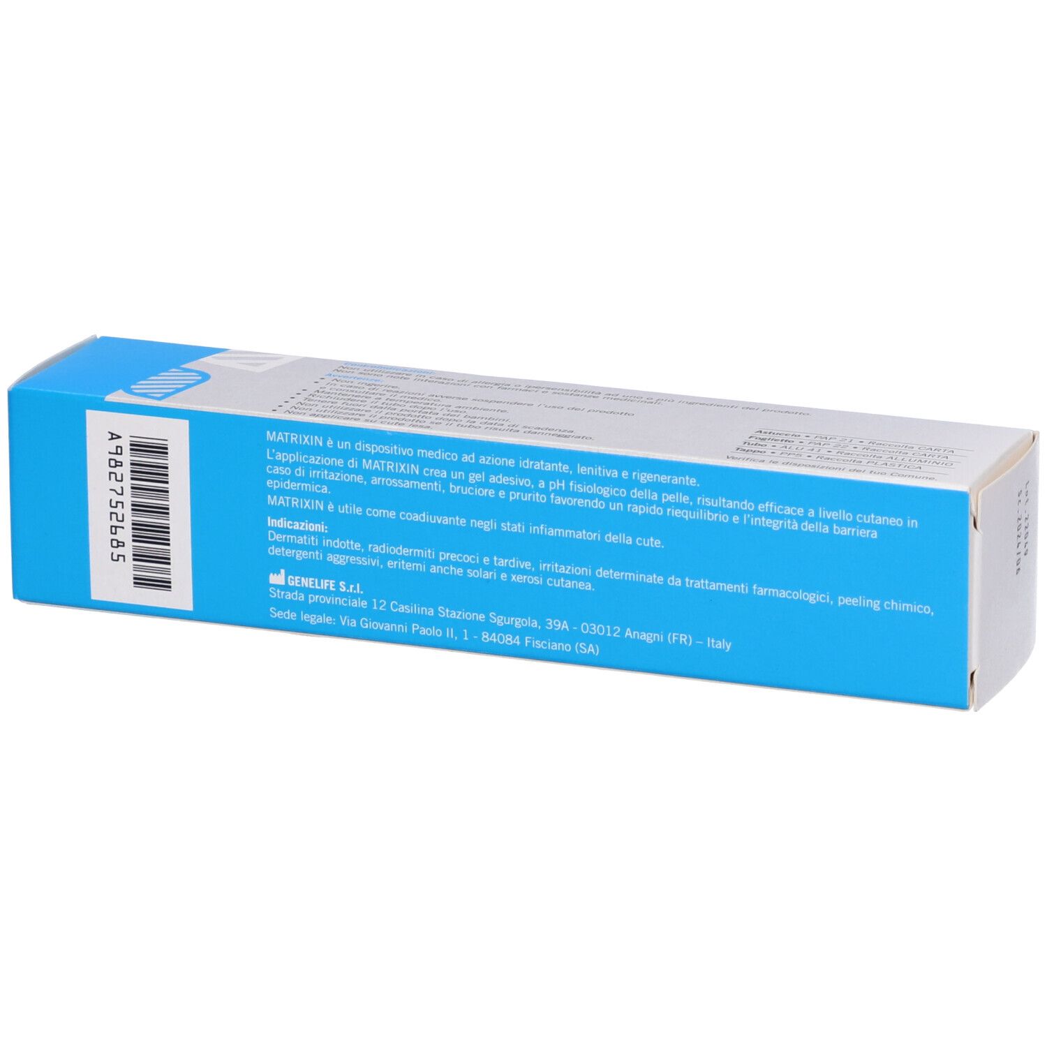 Scatola Matrixin. Scritto: Gel dermatologico idratante, lenitivo e rigenerante. Tube da 75 g. Confezione blu e bianca.