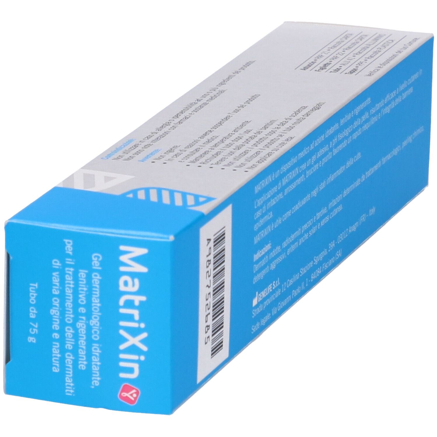 Scatola Matrixin. Scritto: Gel dermatologico idratante, lenitivo e rigenerante. Tube da 75 g. Confezione blu e bianca.