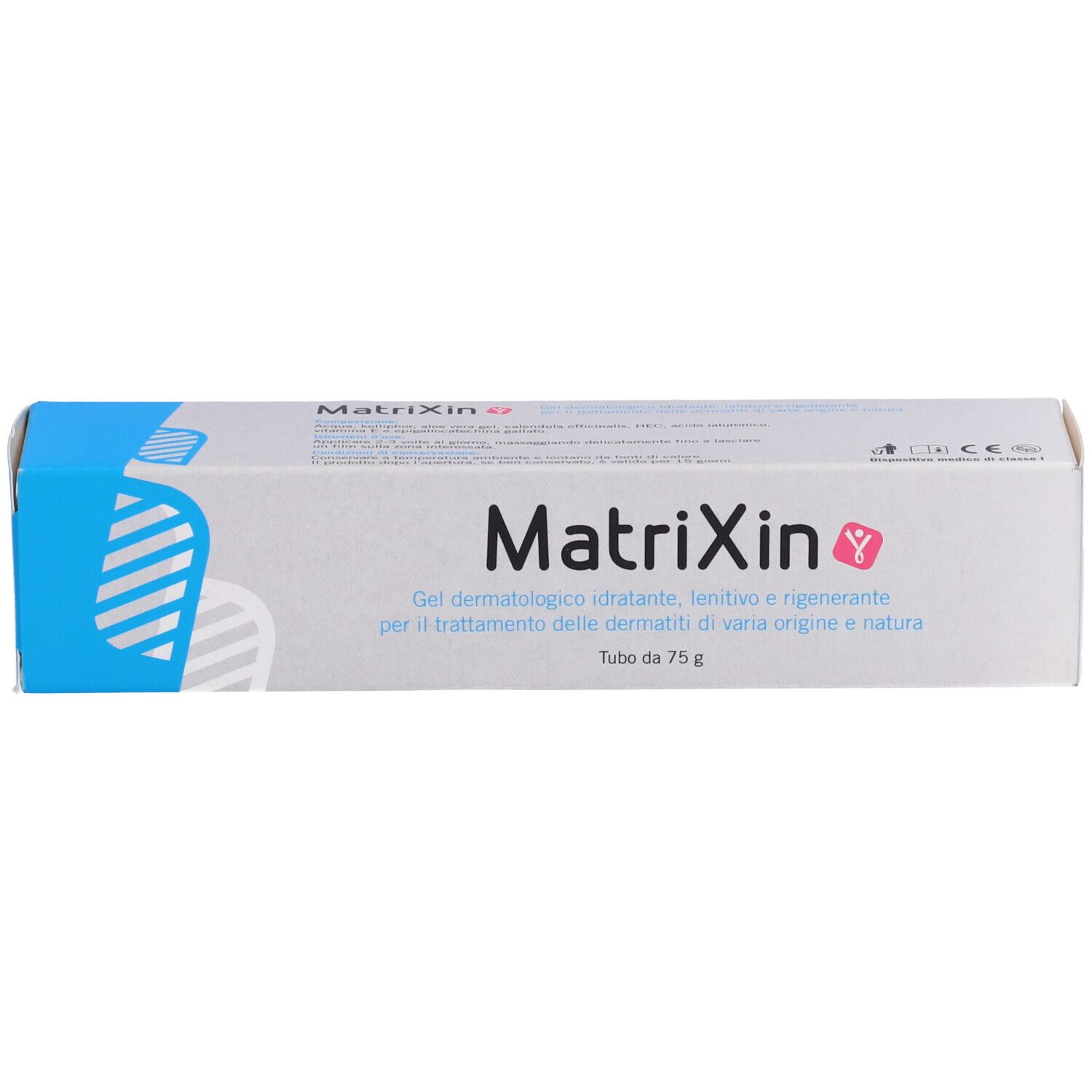 Scatola Matrixin. Scritto: Gel dermatologico idratante, lenitivo e rigenerante. Tube da 75 g. Confezione blu e bianca.