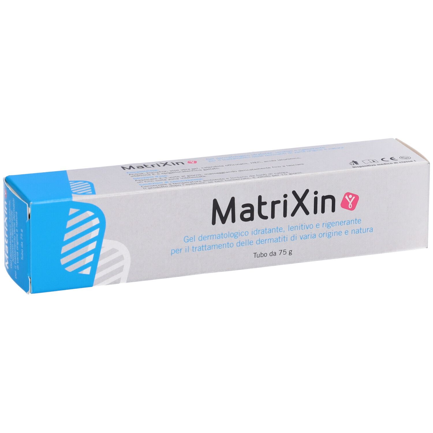 Scatola Matrixin. Scritto: Gel dermatologico idratante, lenitivo e rigenerante. Tube da 75 g. Confezione blu e bianca.