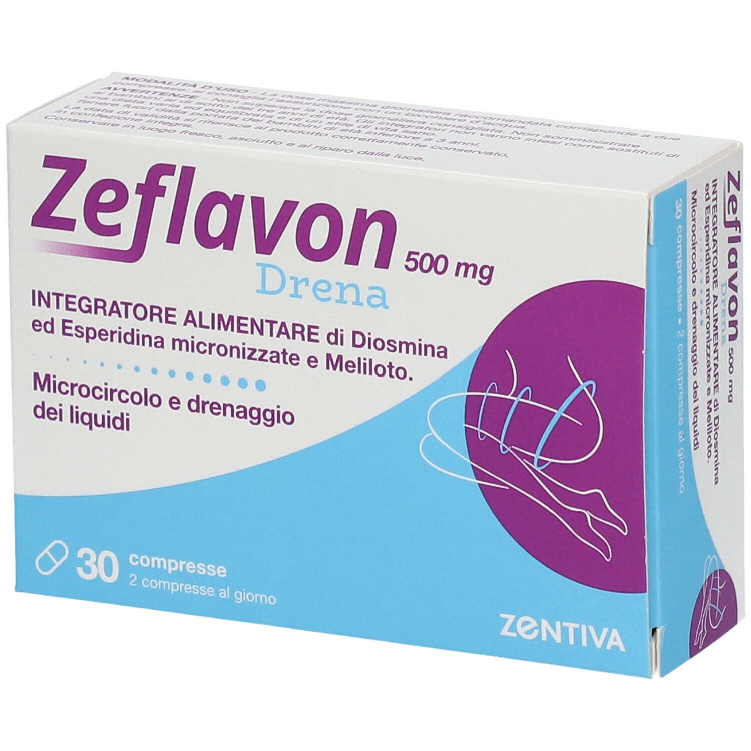 Scatola di Zeflavon Drena 500 mg, 30 compresse. Confezione bianca e blu con dettagli viola. Logo Zentiva.