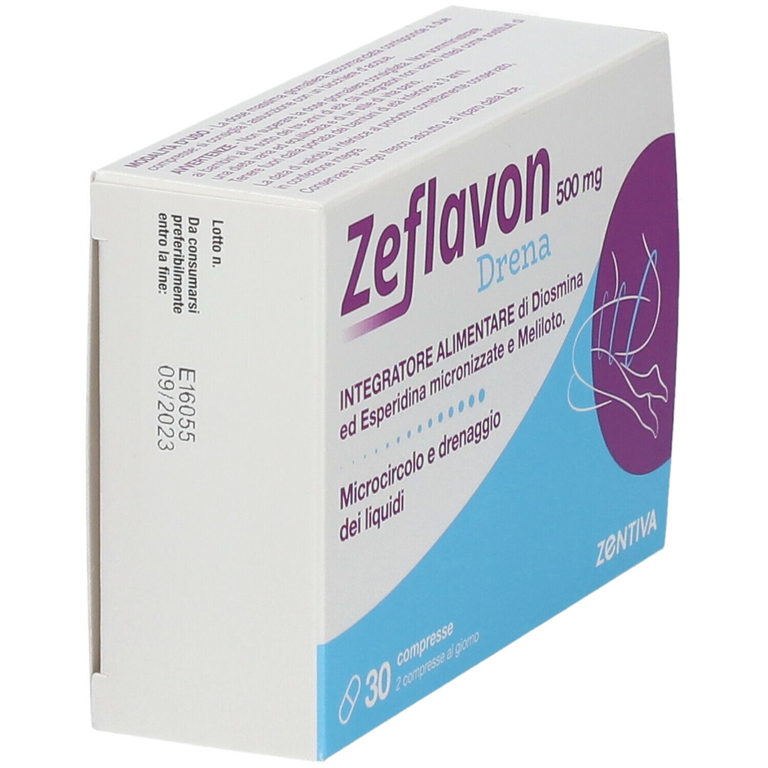 Scatola Zeflavon Drena, 500 mg, 30 compresse. Confezione bianca con dettagli blu e viola. Logo Zentiva.
