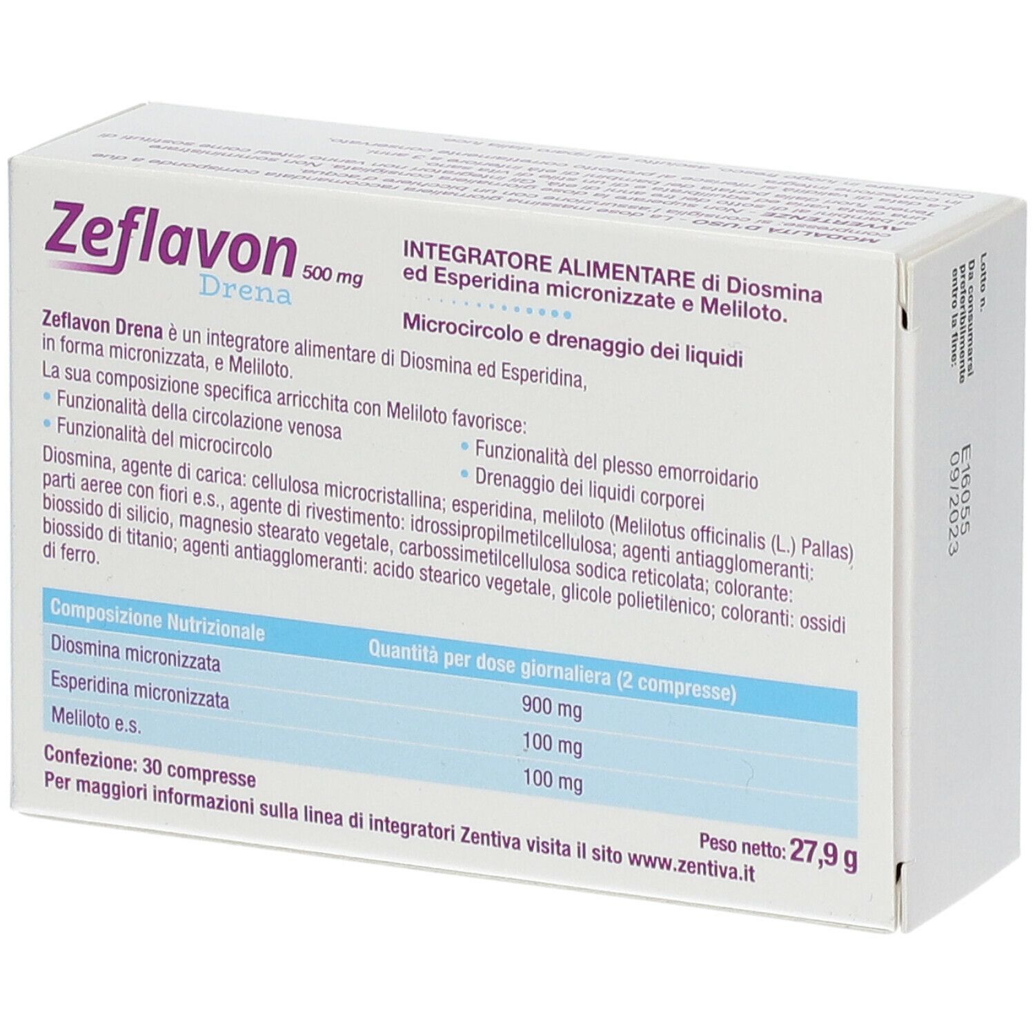 Retro della scatola Zeflavon Drena. Contiene informazioni sugli ingredienti e il valore nutrizionale. Logo Zentiva.