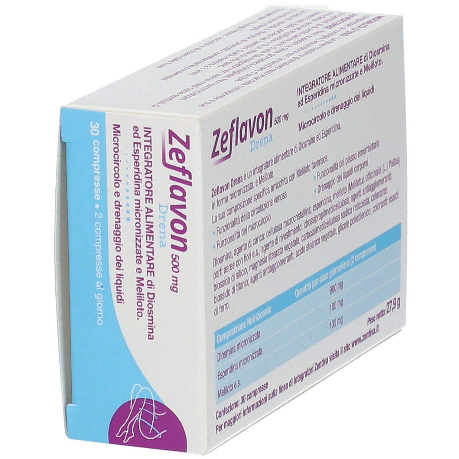 Scatola Zeflavon Drena, 500 mg, 30 compresse. Confezione bianca con dettagli blu e viola. Logo Zentiva.